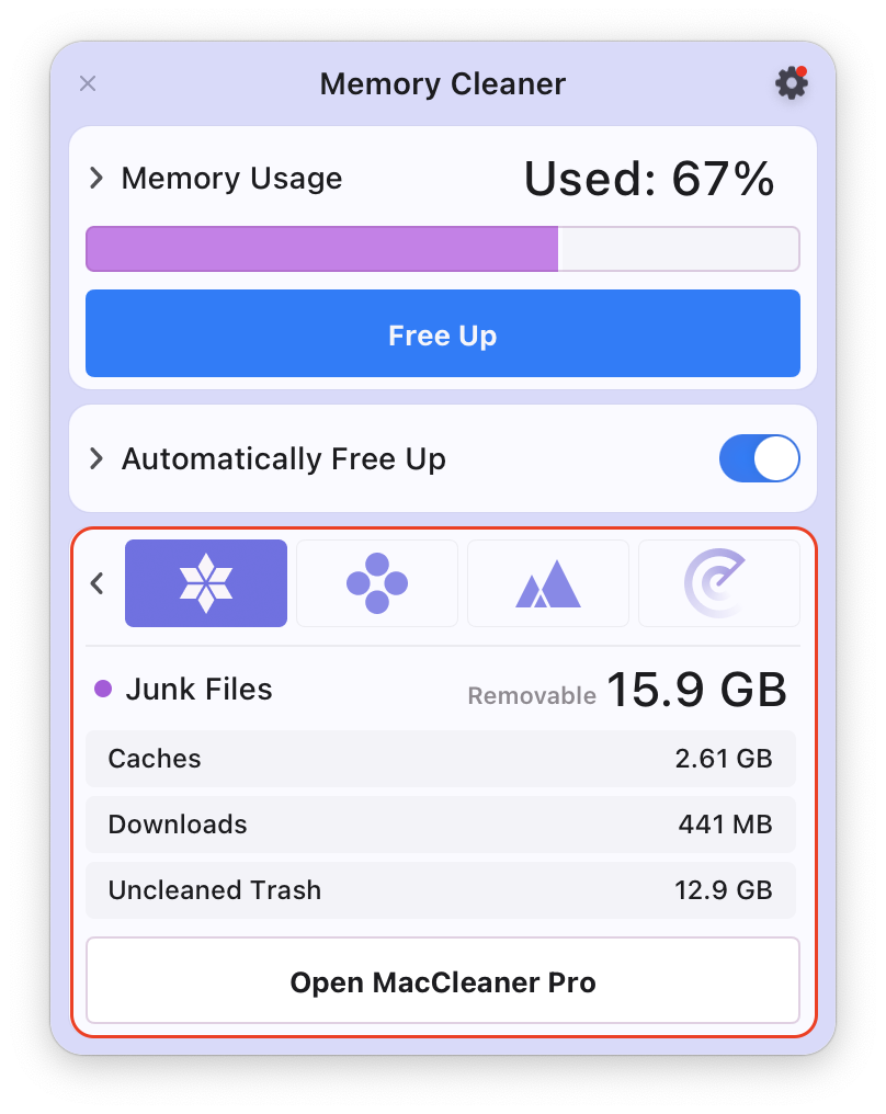  memory cleaner showing junk files