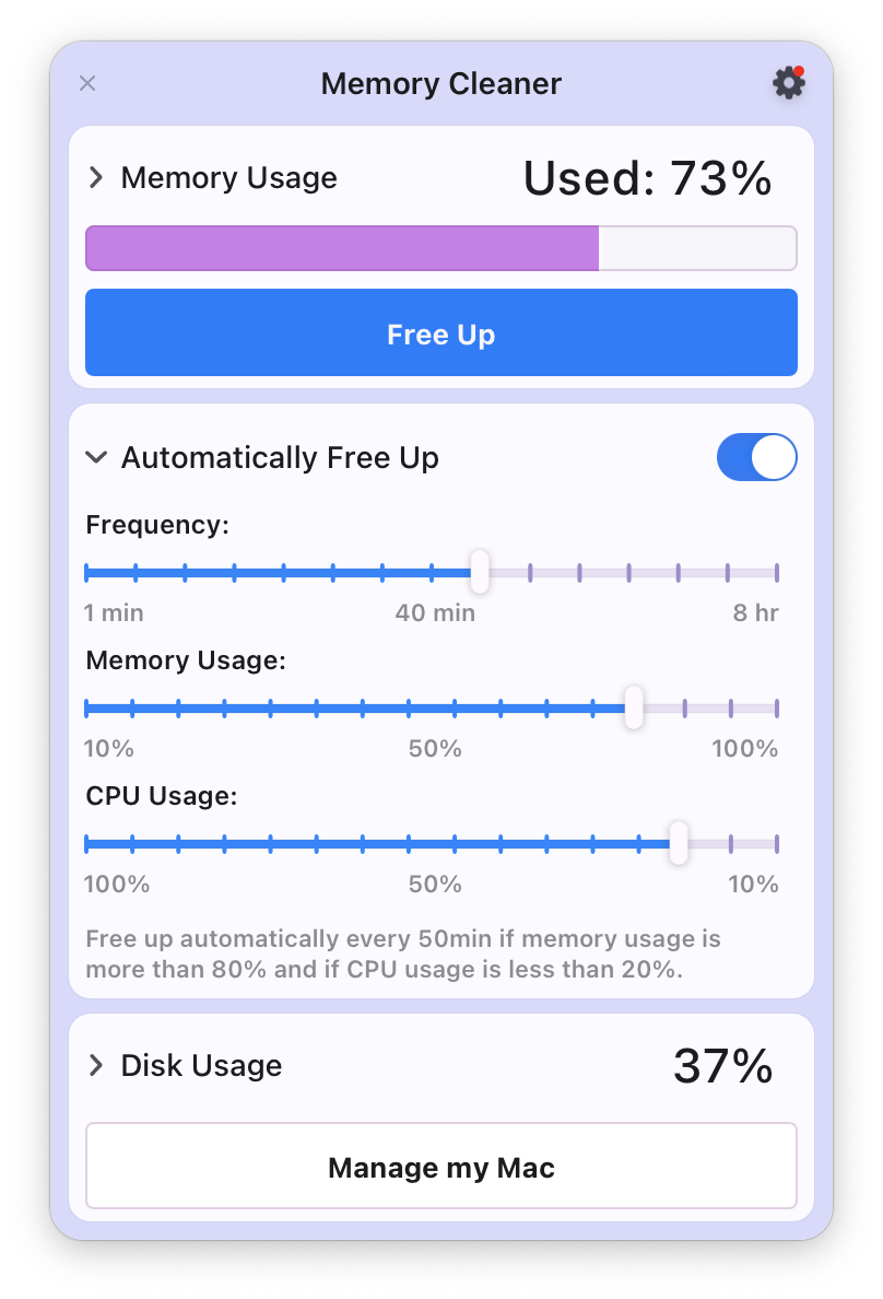 memory cleaner showing frequency to free up RAM