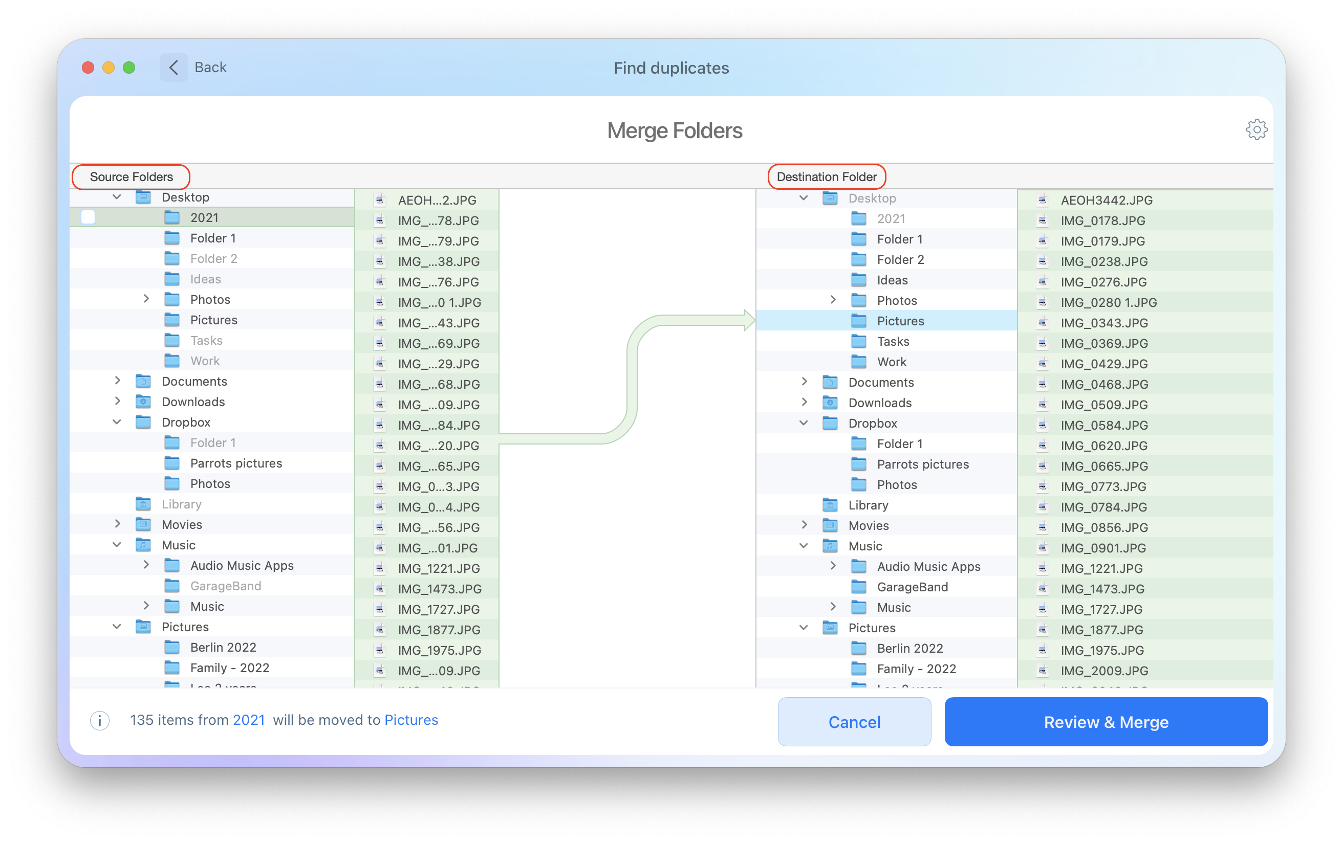 Duplicate Finder app showing Merge folders tab