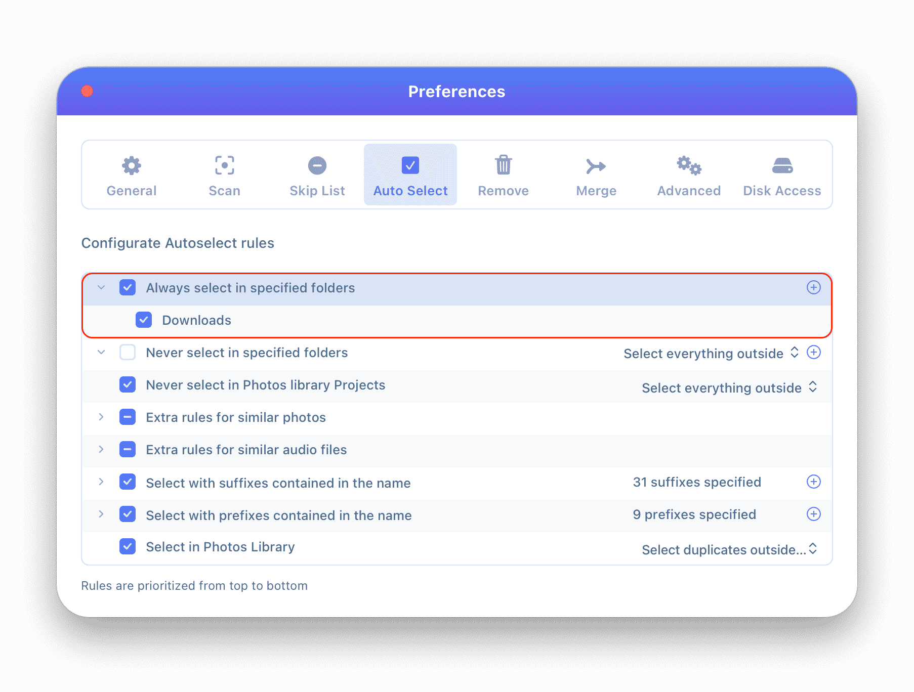 Duplicate File Finder auto select rules