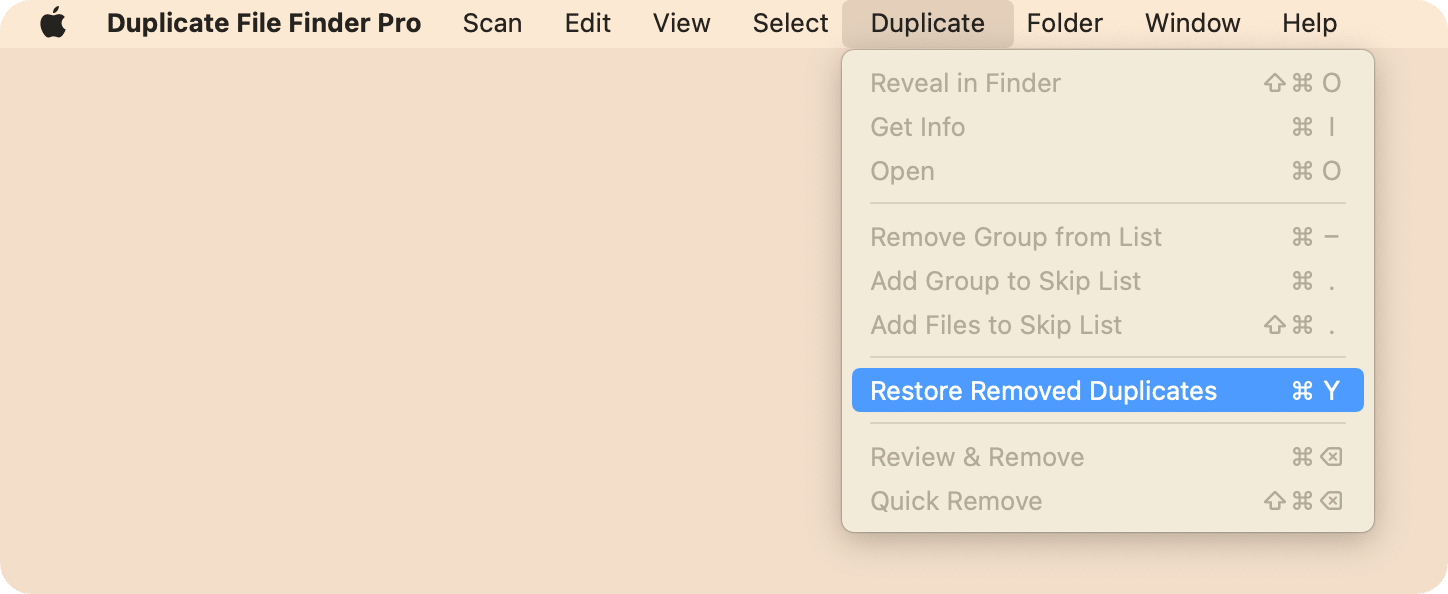 Duplicate File Finder showing the option to Restore Removed Duplicates