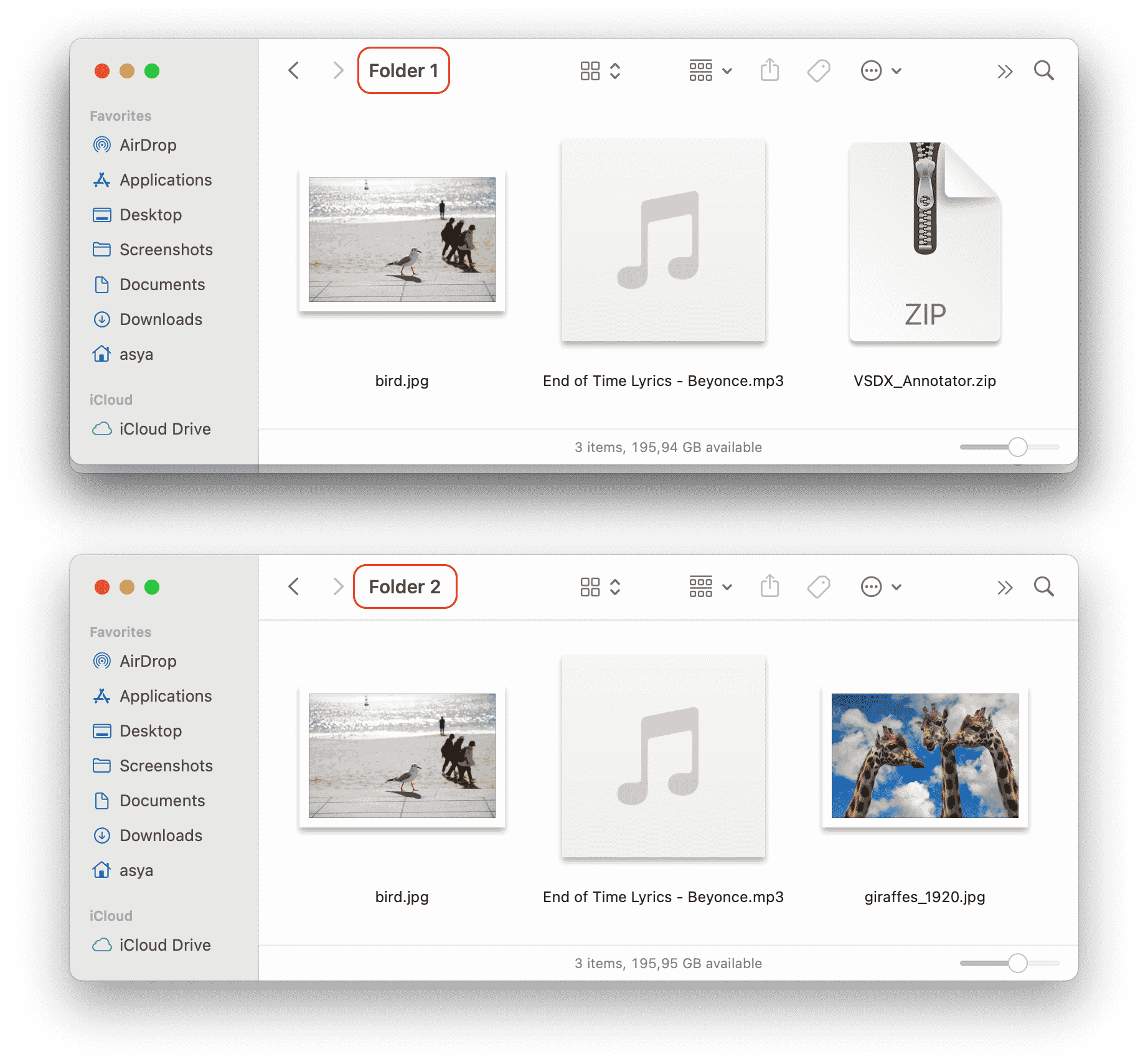 two finder windows showing similar folders