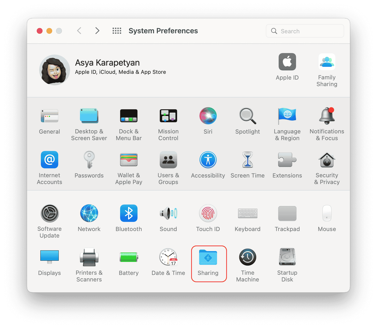 System Preferences with the Sharing icon highlighted