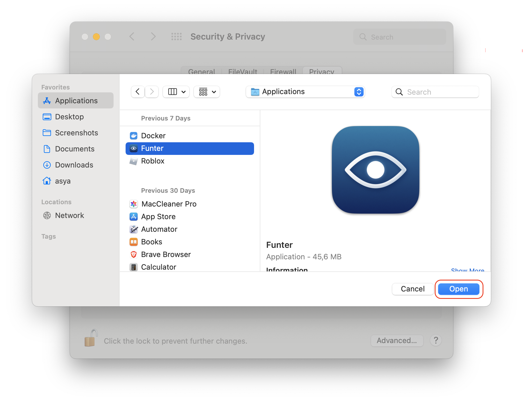 adding Funter to System Preferences Accessibility