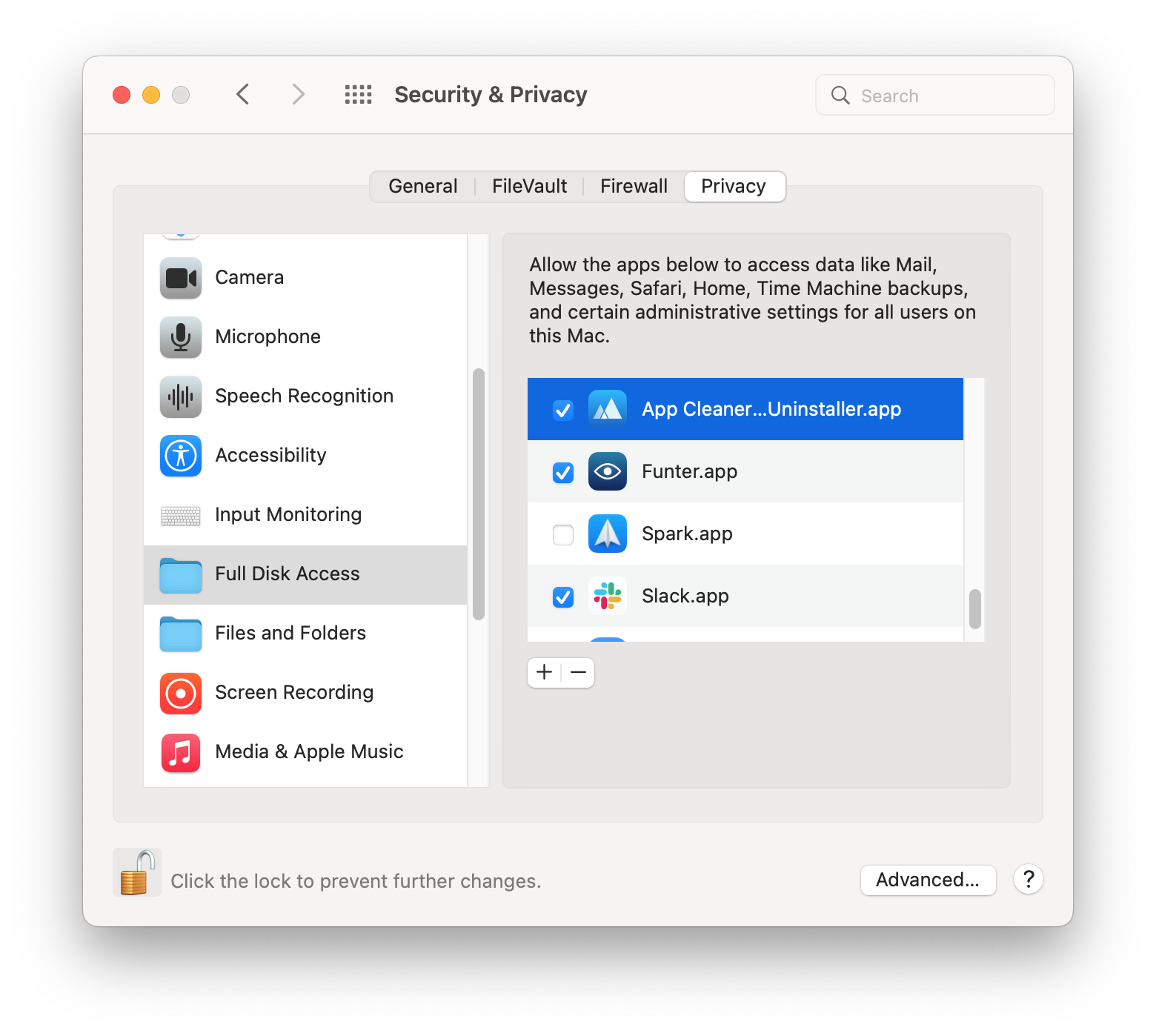 Preferences window-security and privacy section