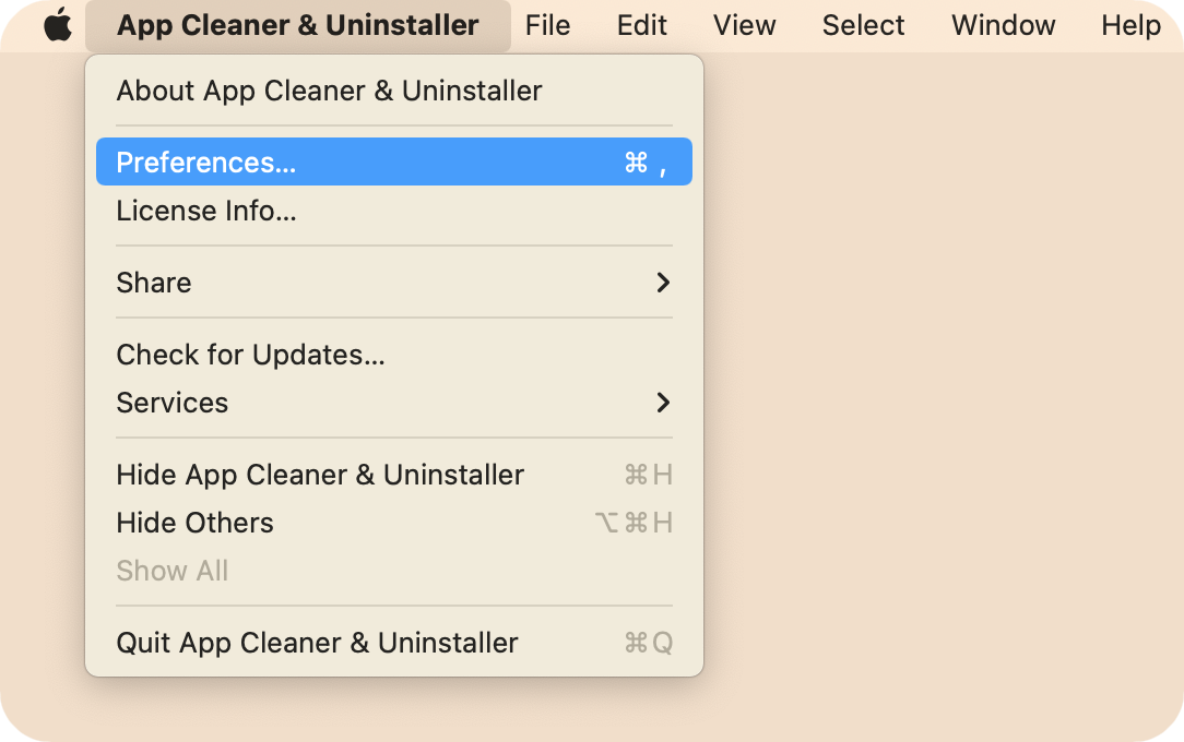 app cleaner uninstaller menu with the Preferences option highlighted