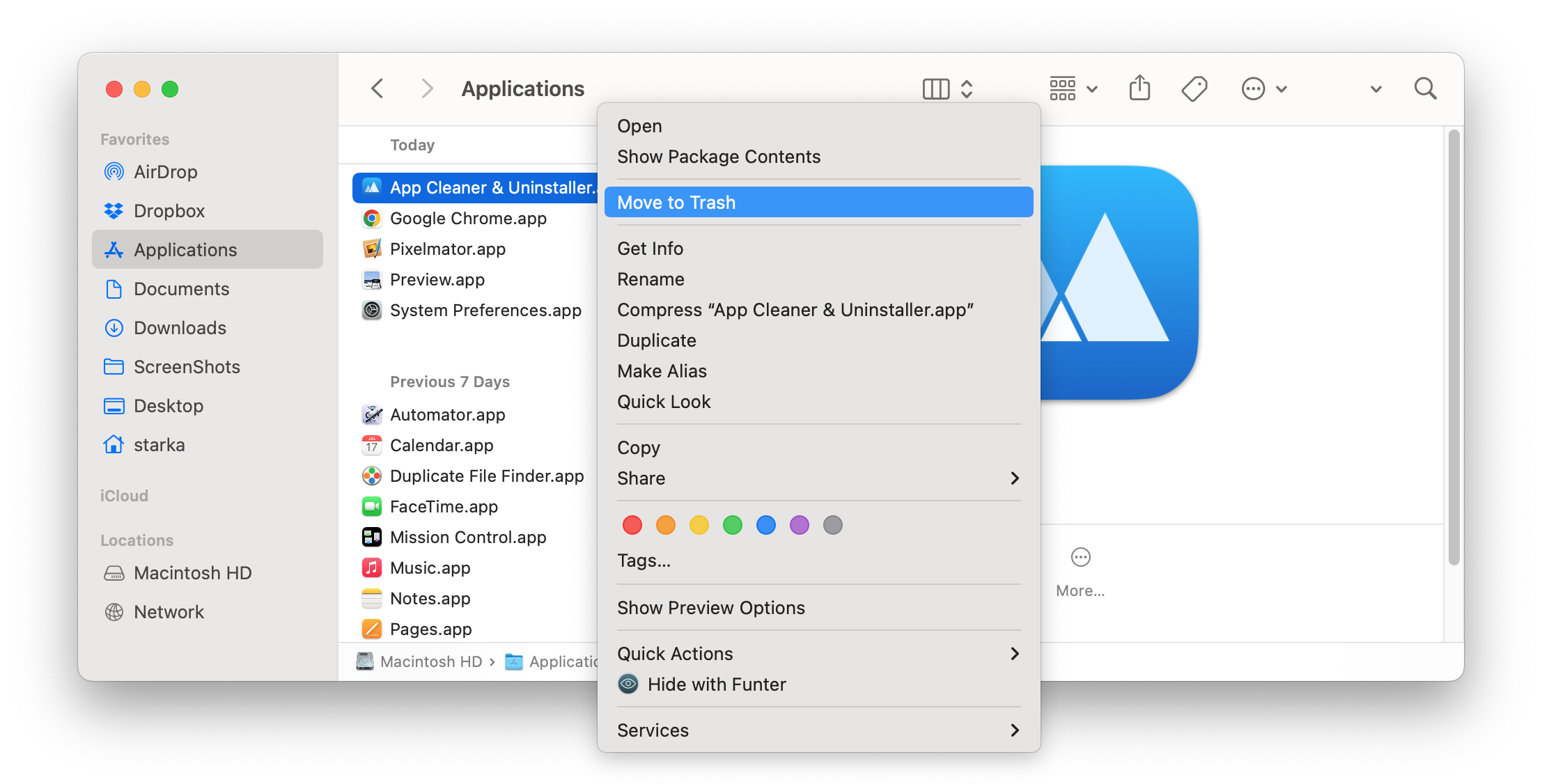 removing app cleaner uninstaller from the Applications folder