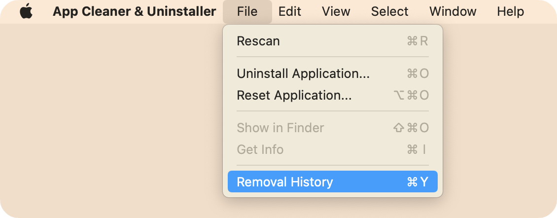 app-cleaner-uninstaller menu showing the removal history option