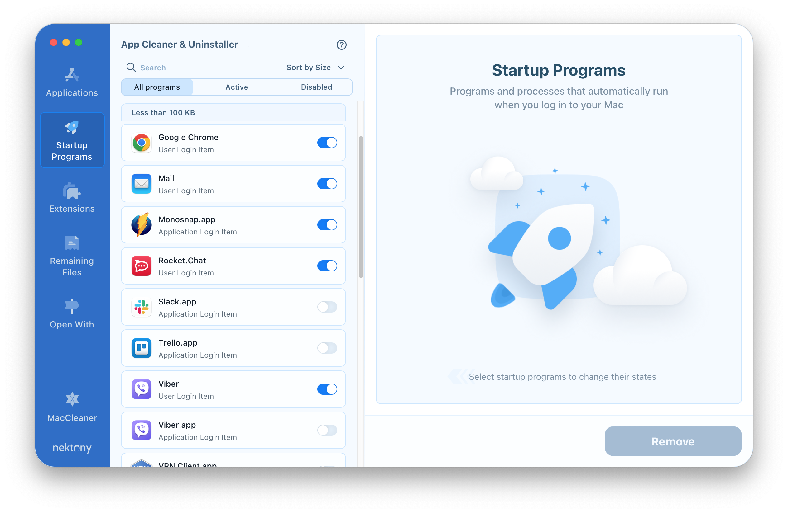 App Cleaner Uninstaller showing startup programs