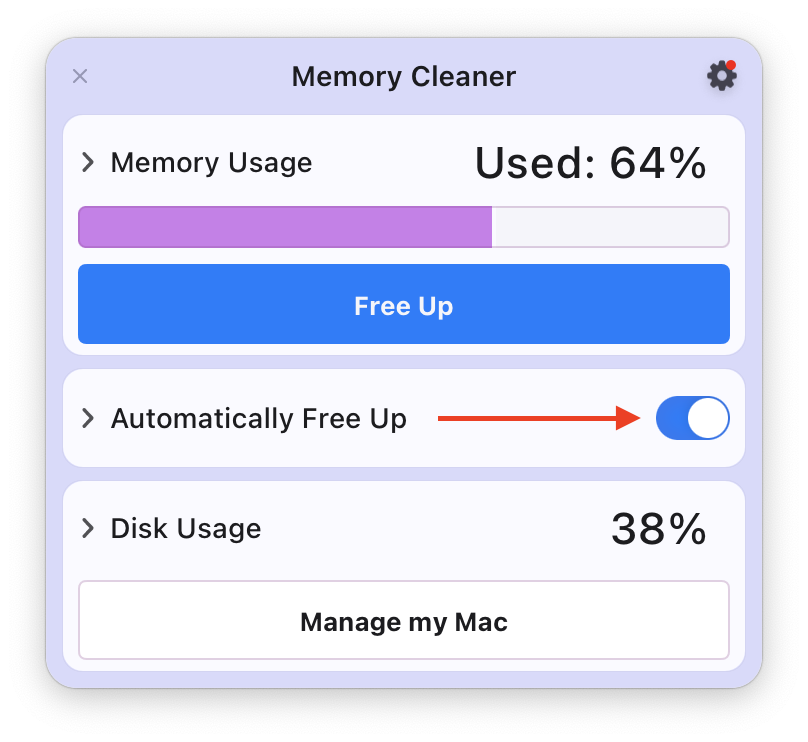 Memory Cleaner window with the automatic cleanup option highlighted