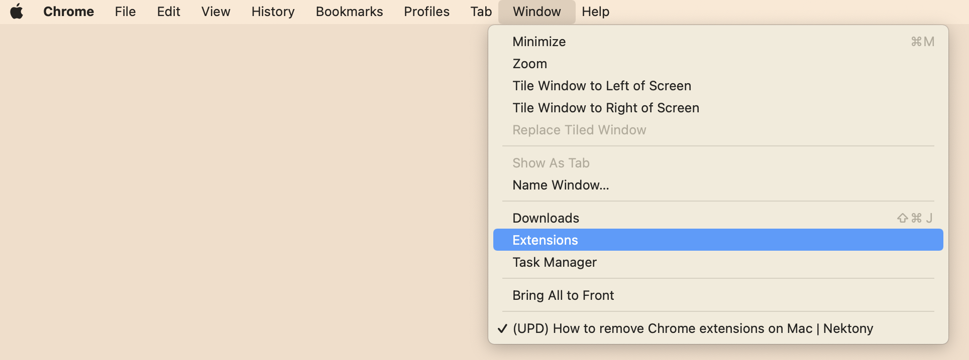 Chrome menu showing extensions option