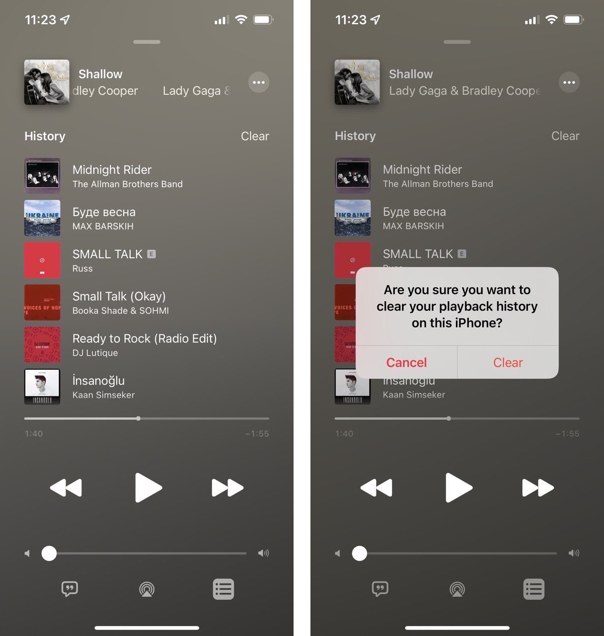 iPhone screens showing how to clear apple music history