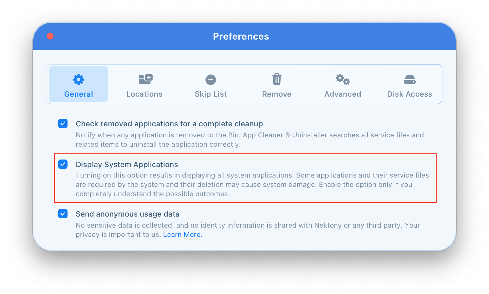 App Cleaner & Uninstaller Preferences window