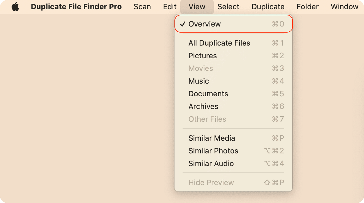 Duplicate File Finder menu showing the Overview option