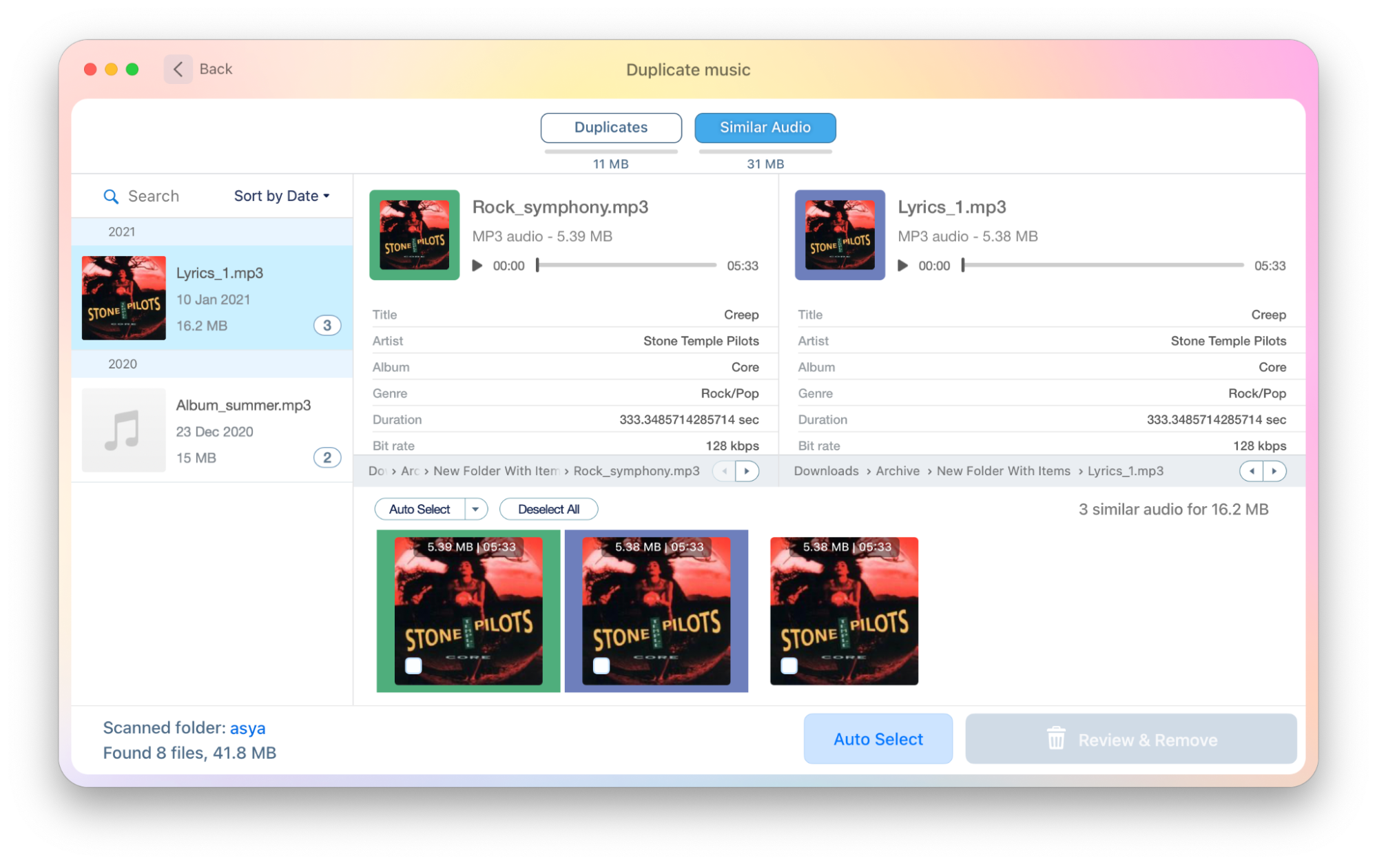 Duplicate File Finder showing similar music files