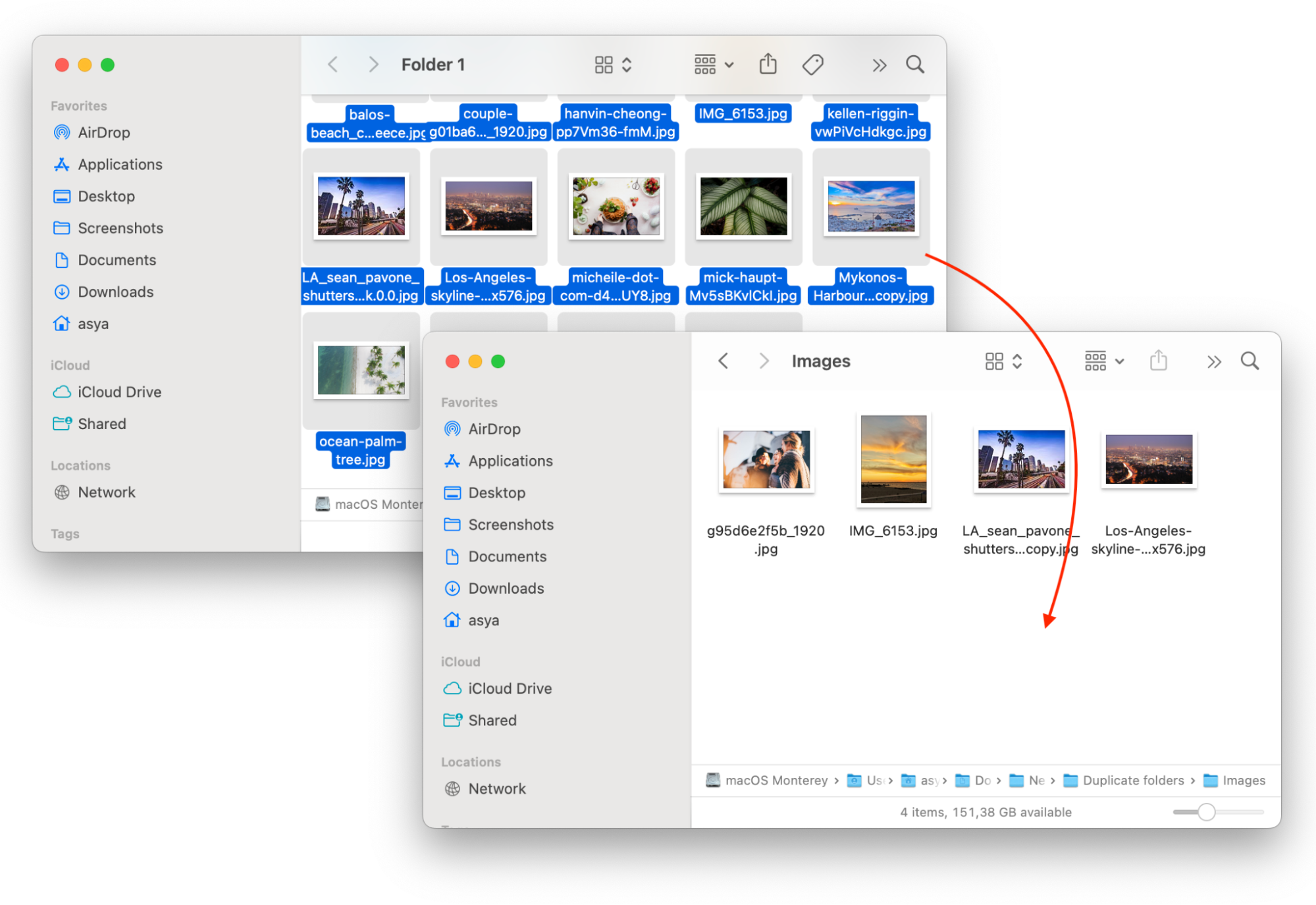 finder windows with the folders to merge