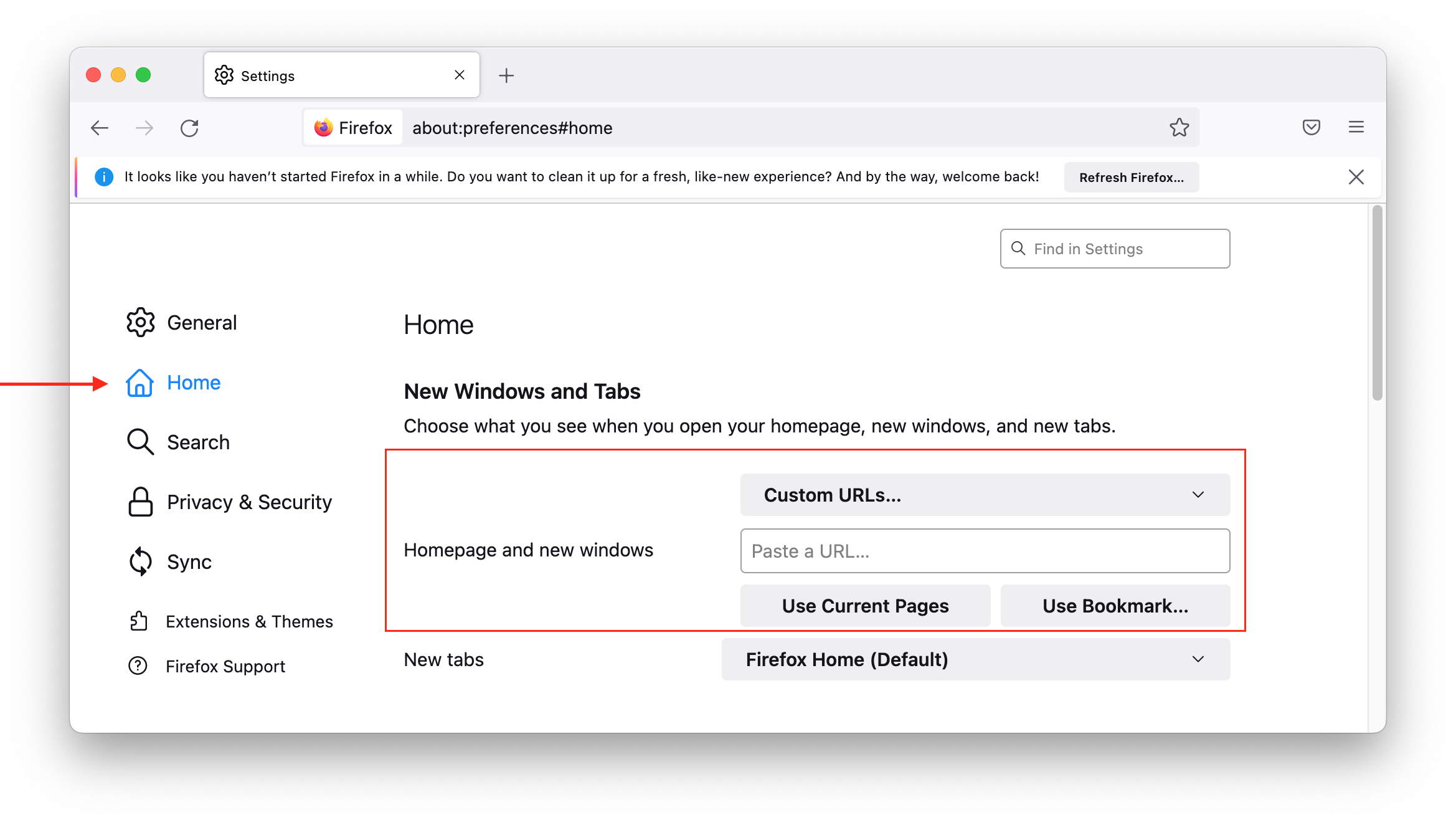 Firefox preferences showing how to set up home page