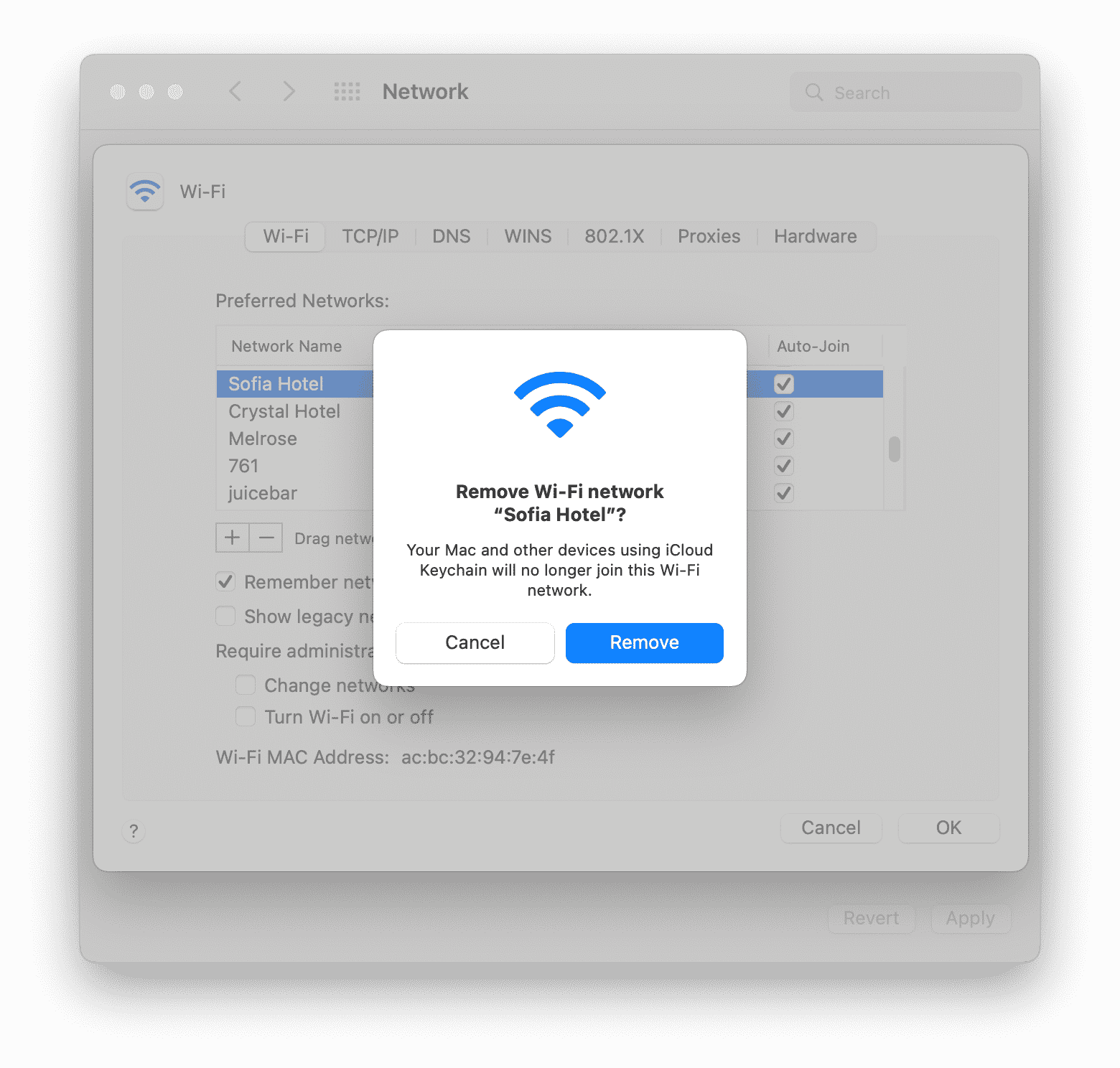 conformation messages to forget network on a Mac