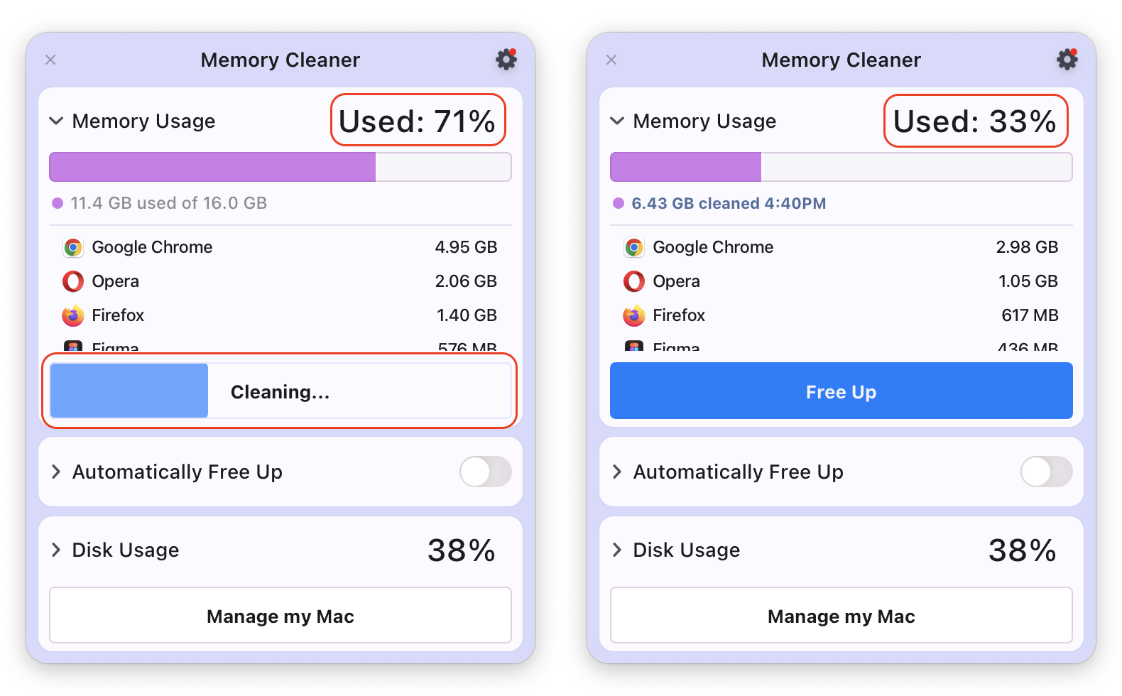  Memory Cleaner windows showing the RAM clearing process