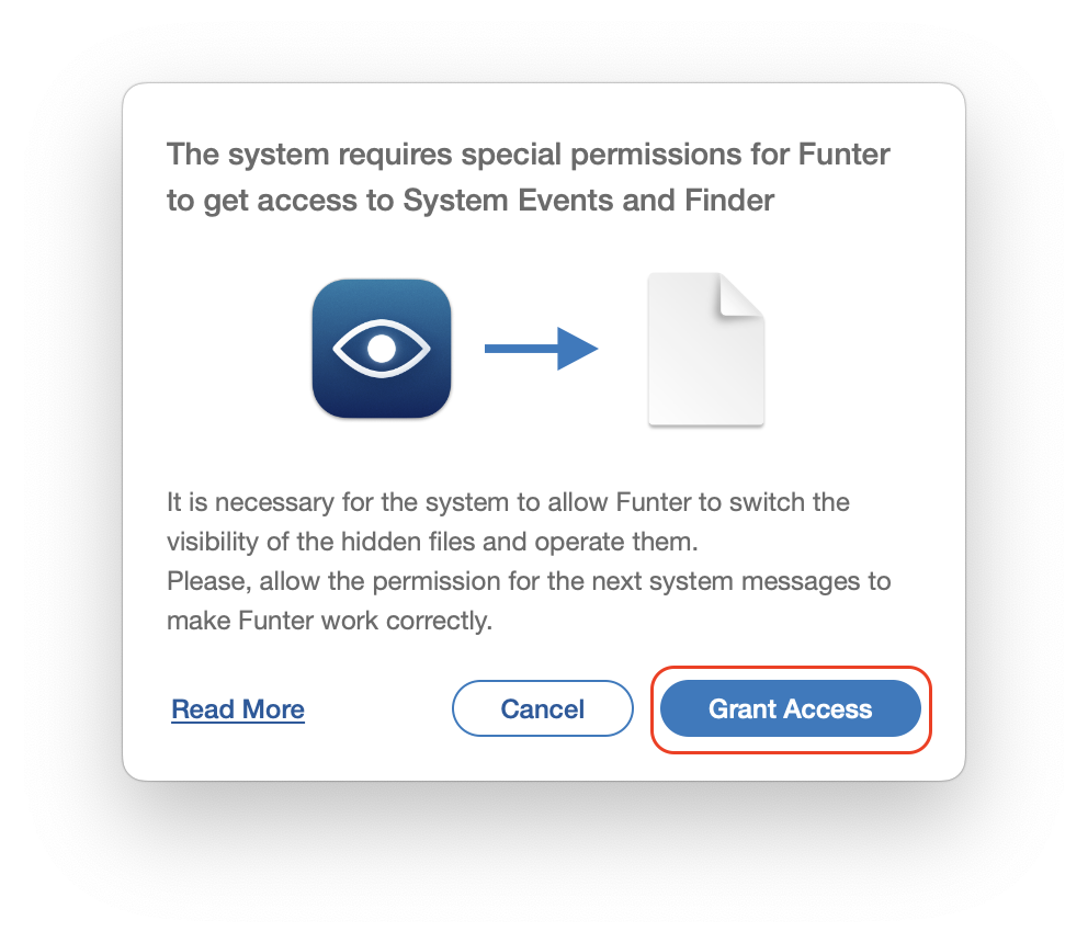 Funter popup to access System events and Finder