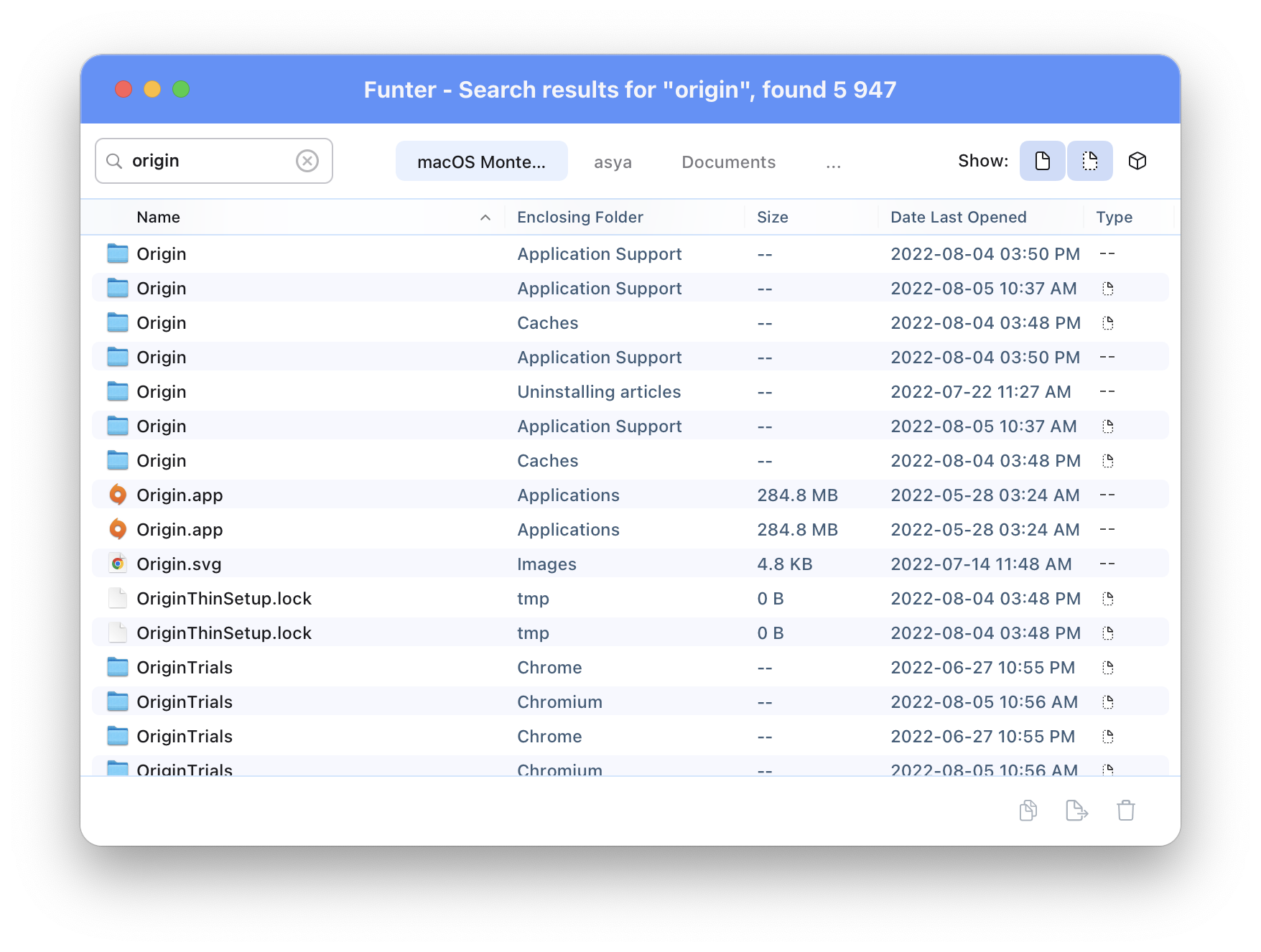 searching for origin support files with Funter