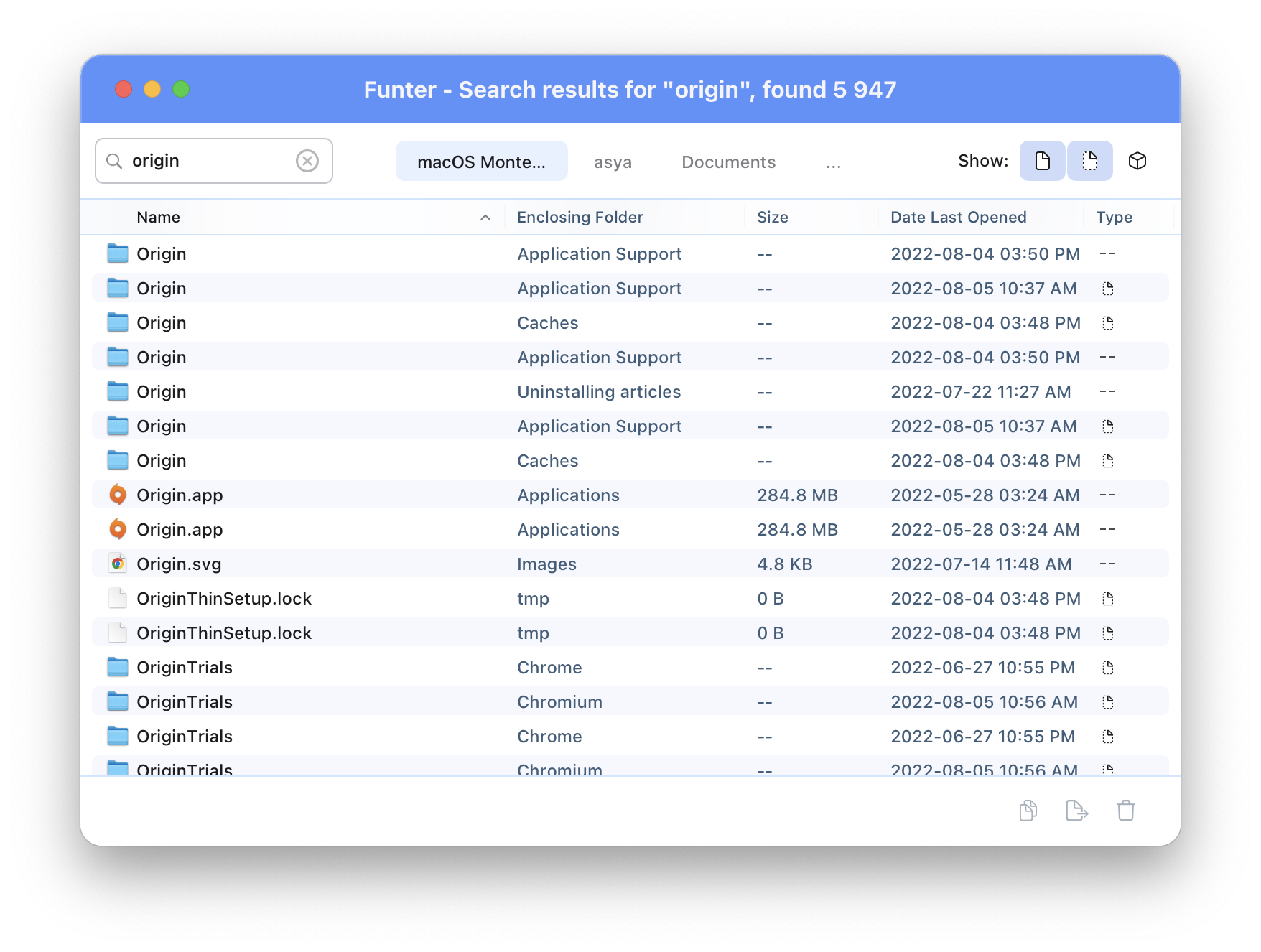 Searching for Origin support files with Funter