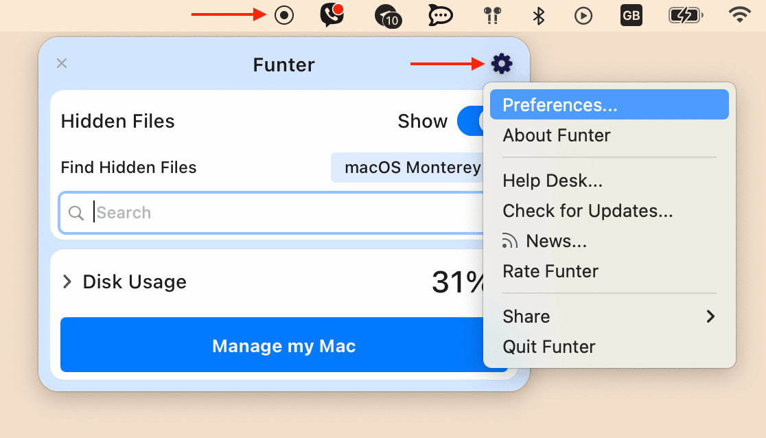 Funter settings showing the Preferences option
