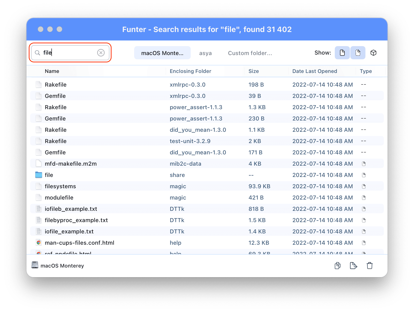 Funter showing the list of hidden files