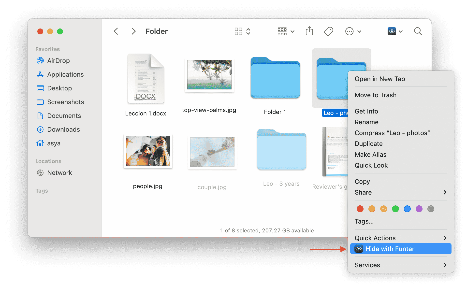 The context menu with the option to hide files on Mac