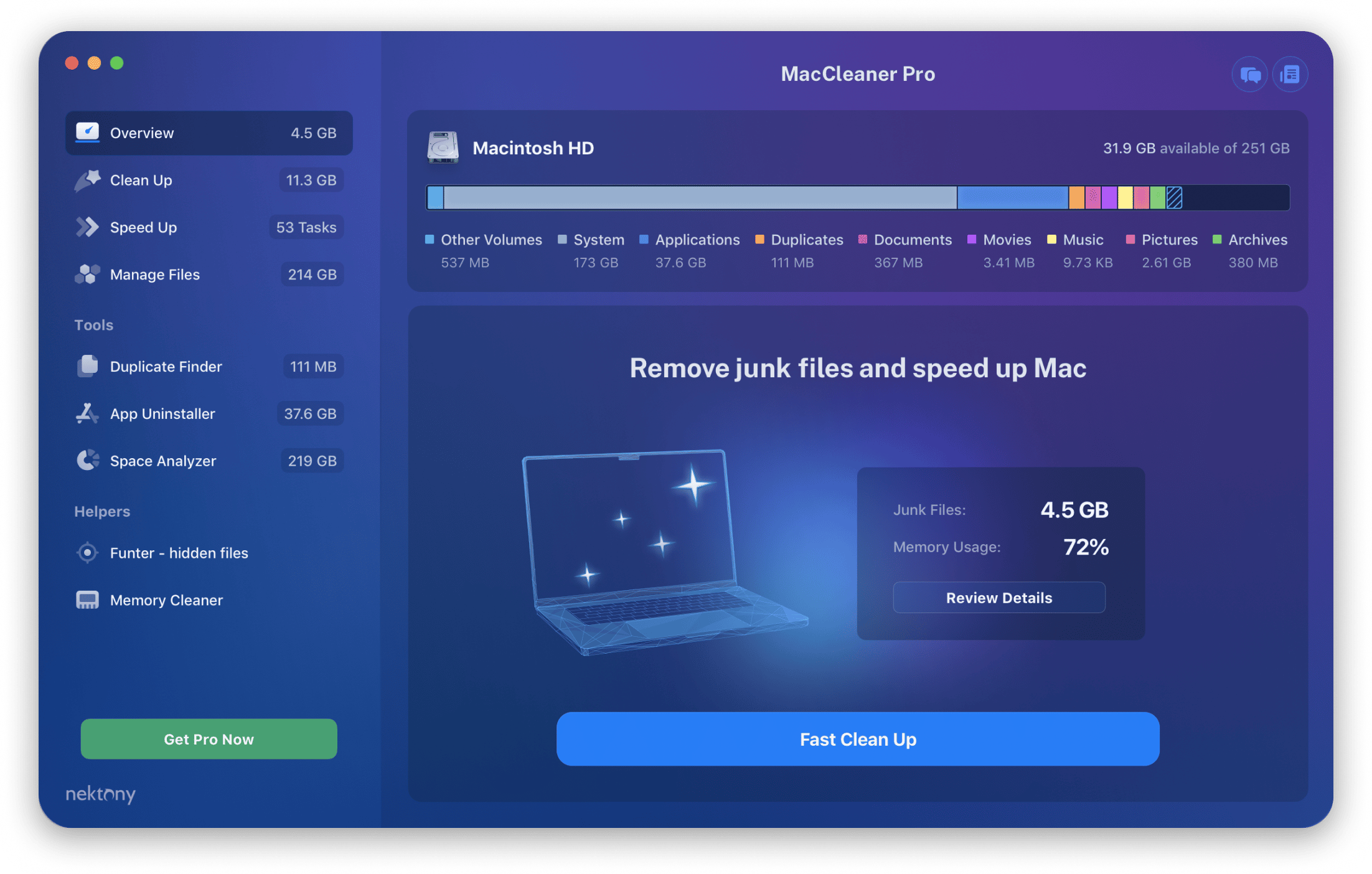 MacCleaner Pro showing Overview window