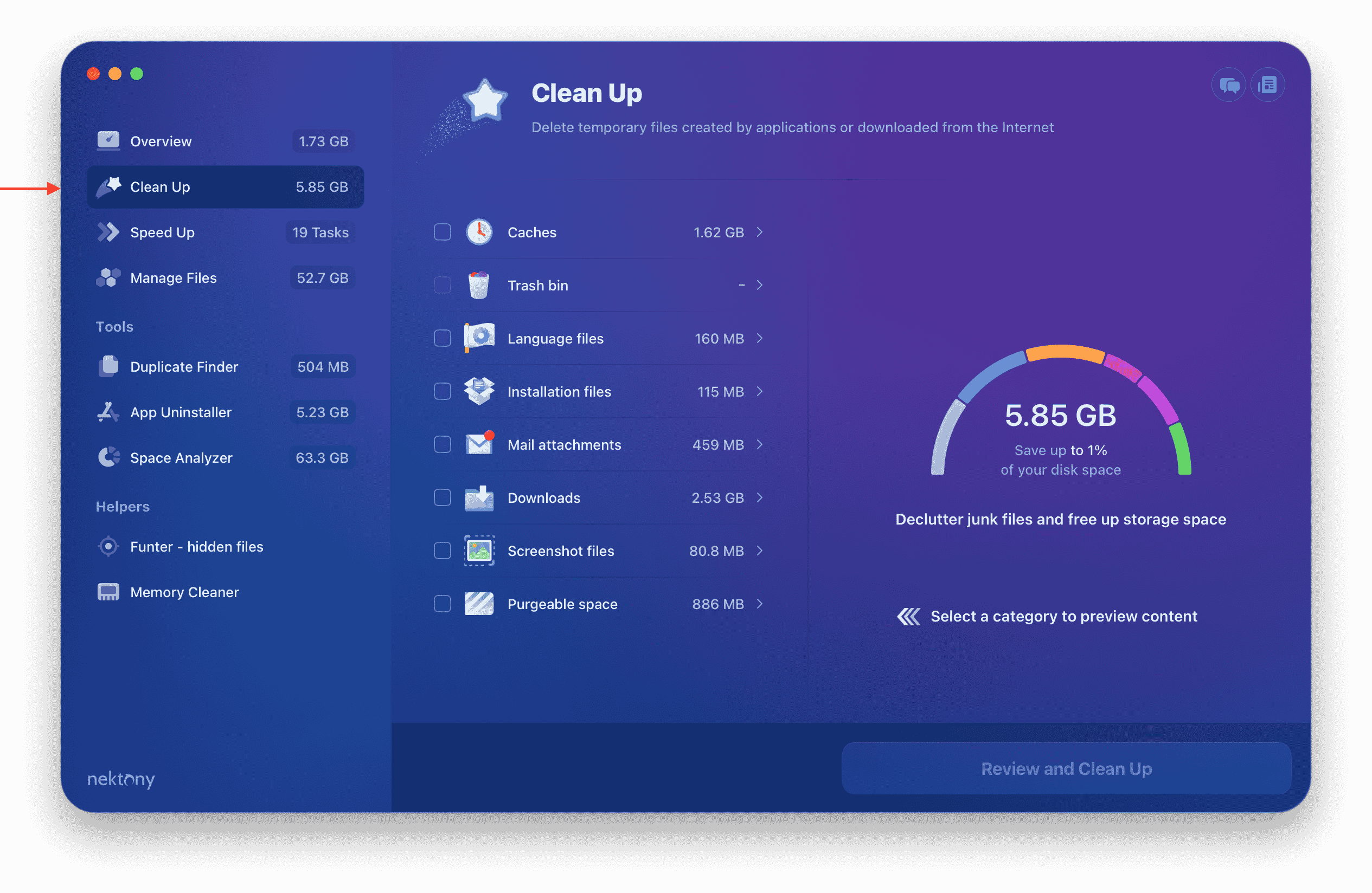 ทำความสะอาดตัวเลือกไฟล์ขยะใน MacCleaner Pro