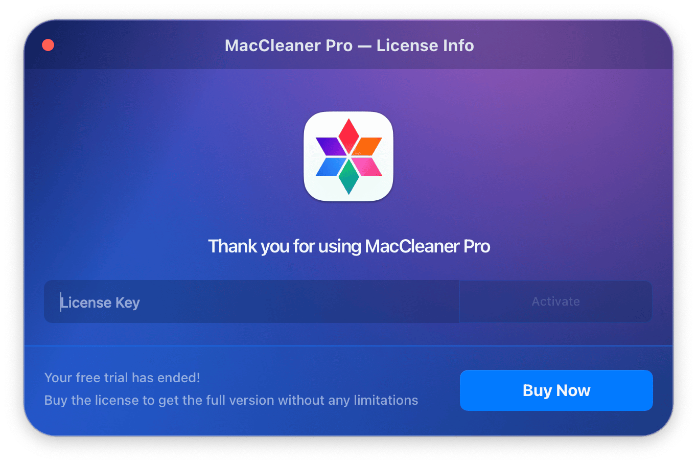 MacCleaner Pro License info window