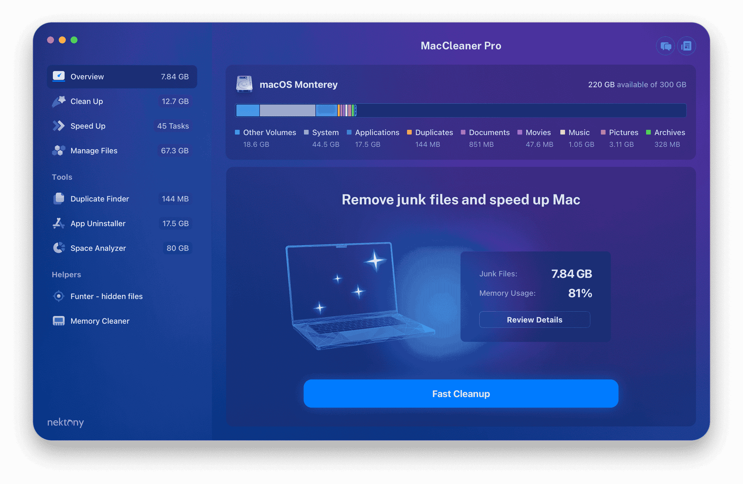 Maccleaner window with disk usage panel highlighted