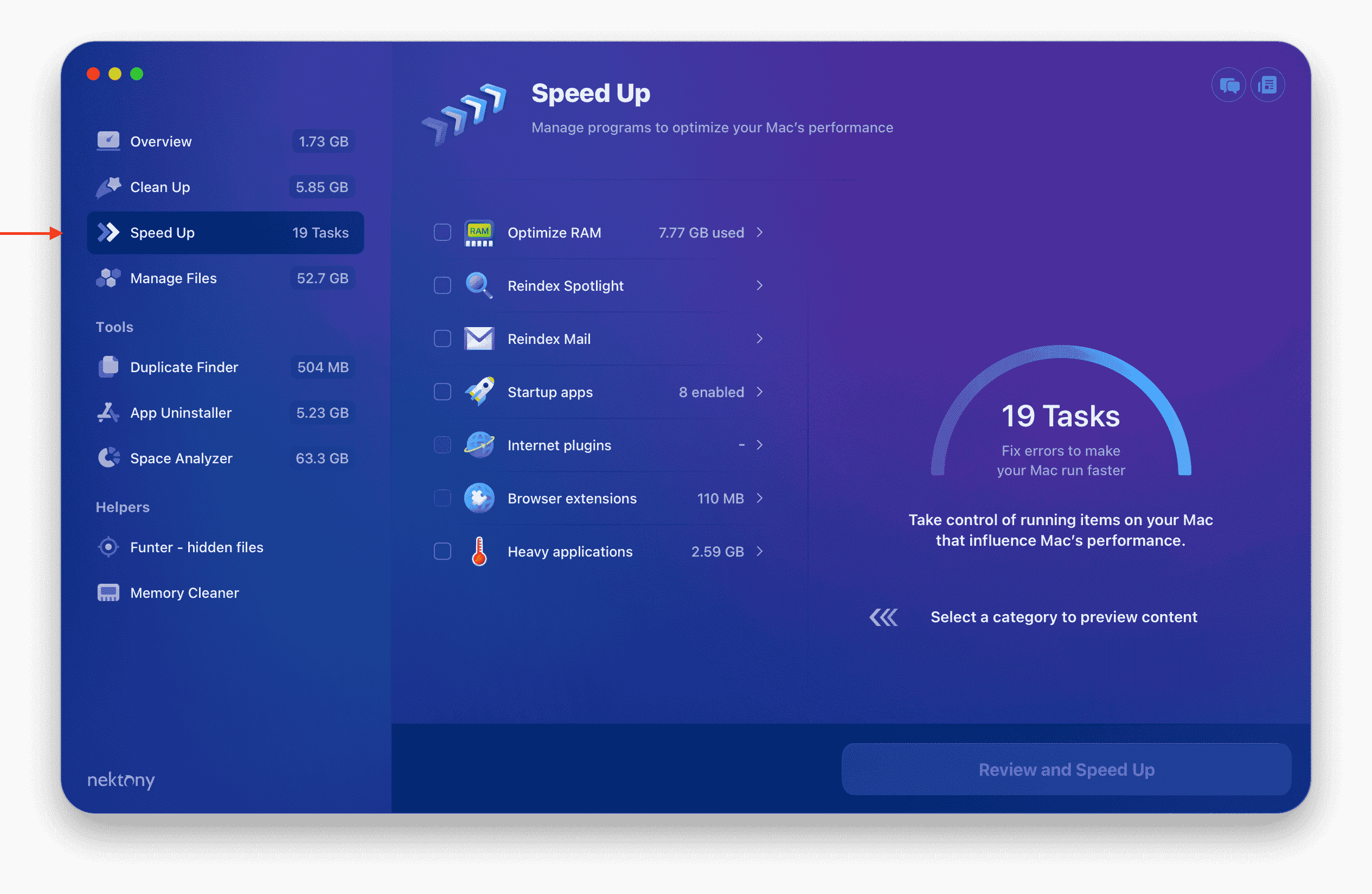MacCleaner Pro showing the speedup options