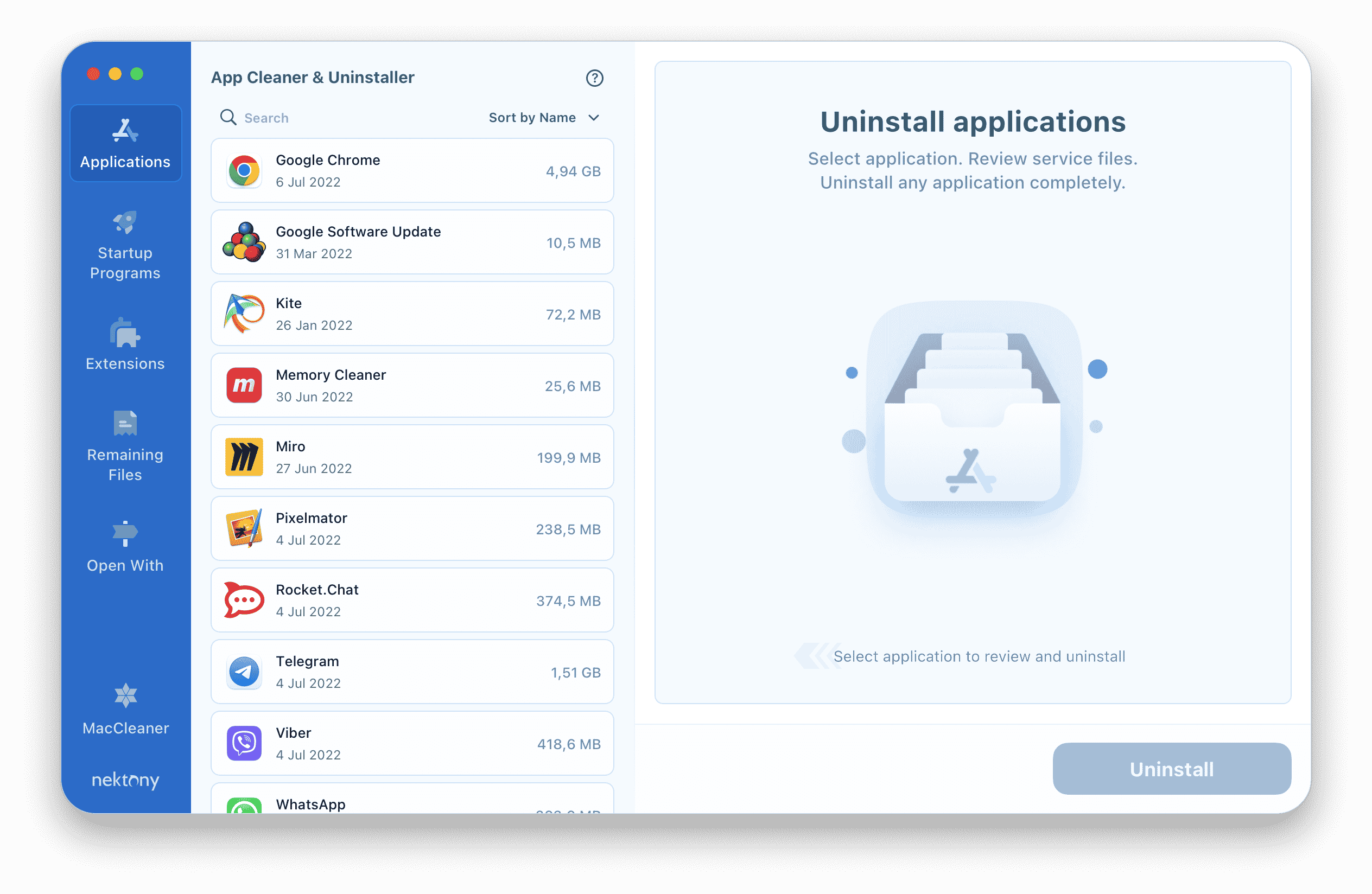 Uninstall applications tab in MacCleaner Pro window