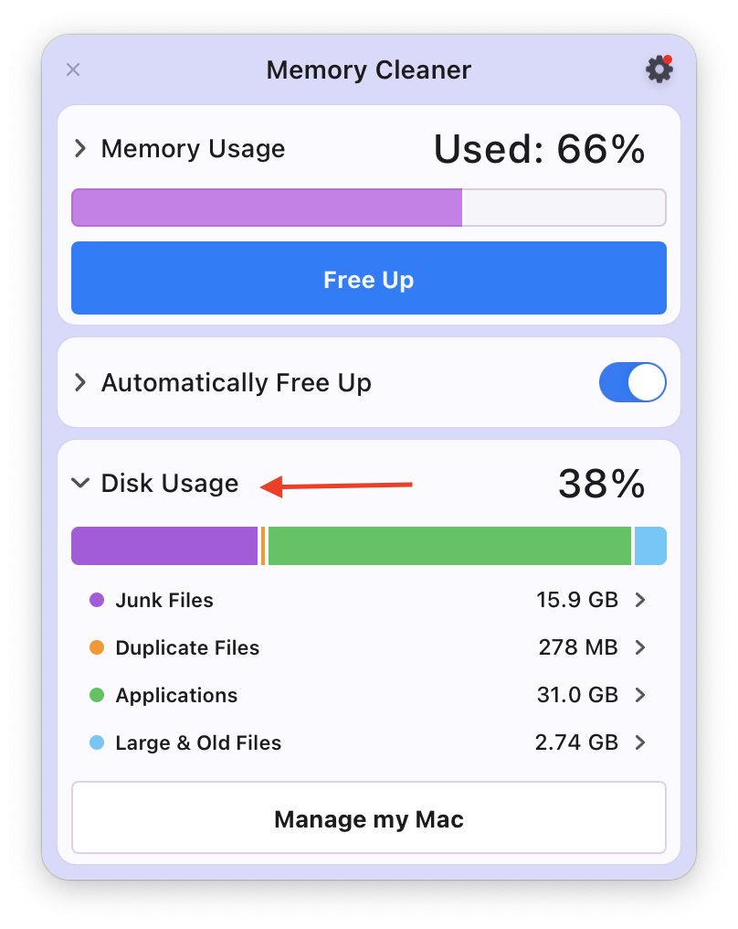 memory cleaner showing disk usage