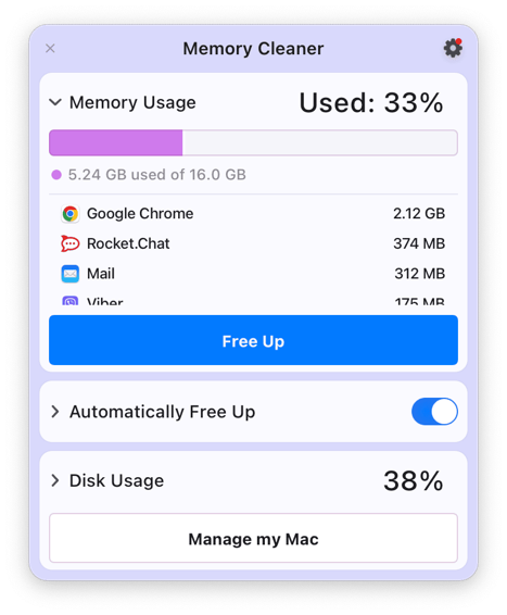 Memory Cleaner window showing Memory usage