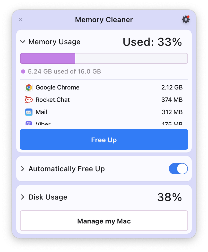  Memory cleaner window showing the memory usage