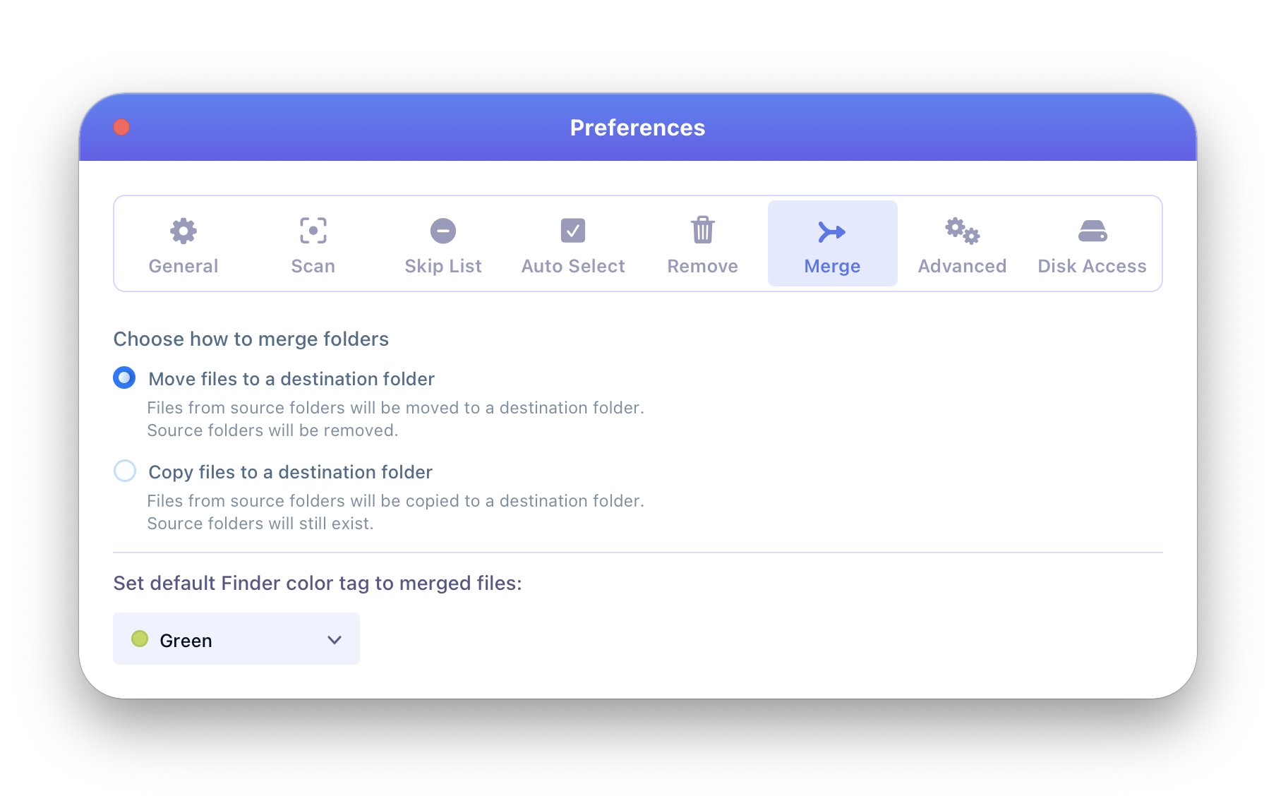 Duplicate Finder preferences showing the Merge tab