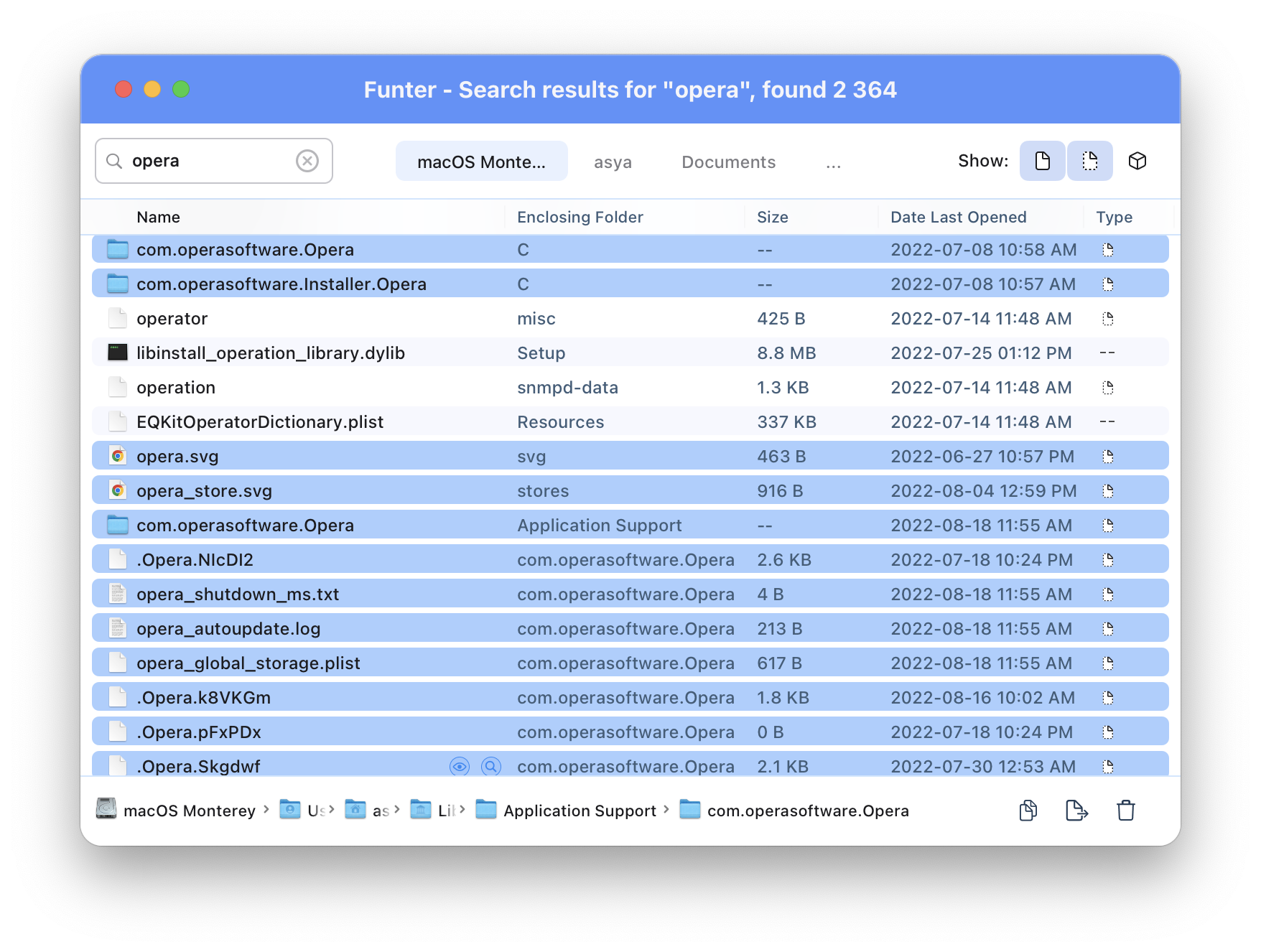 Funter's window showing Opera remaining files