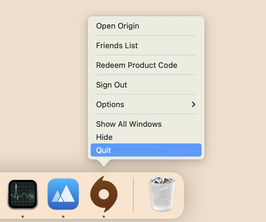 quit origin in dock panel