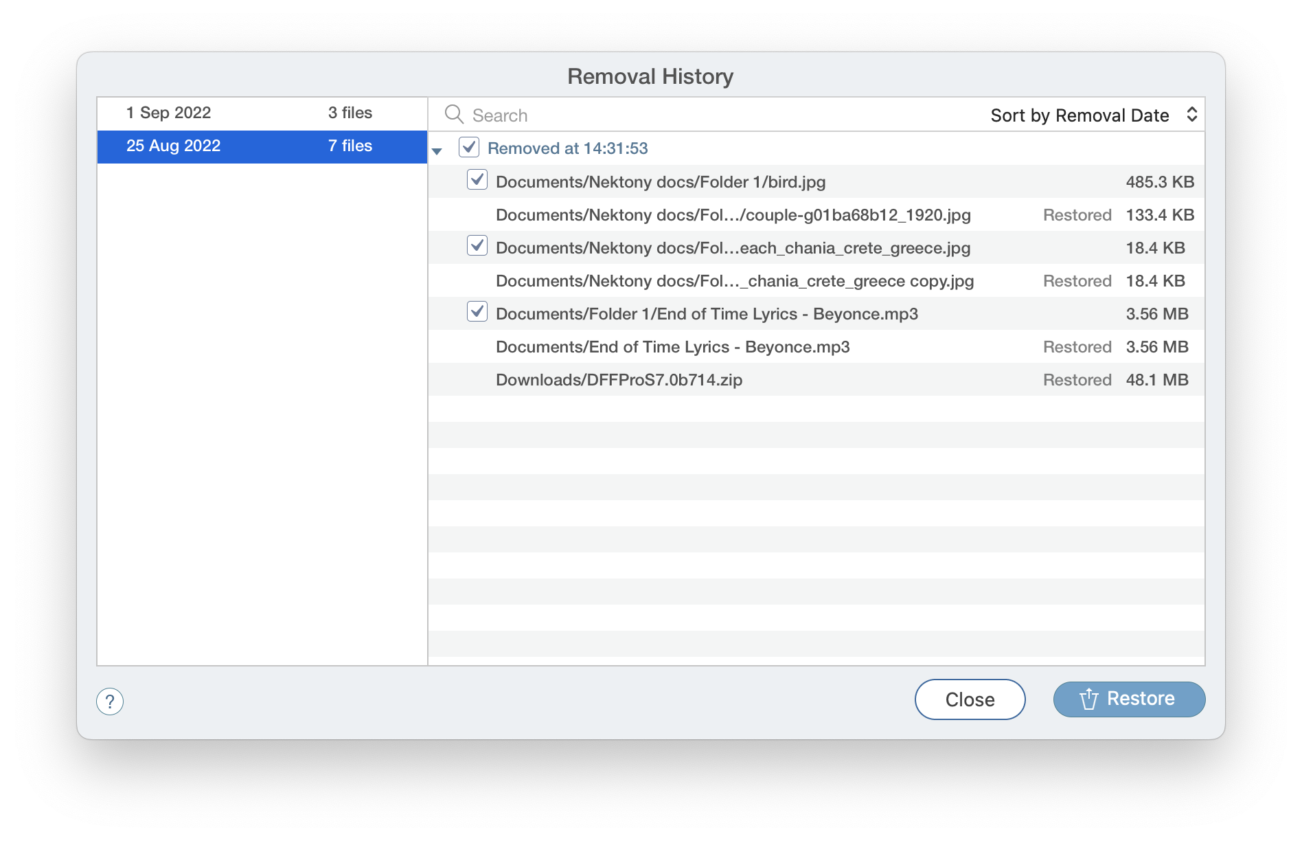 Duplicate File Finder in the list of removal history
