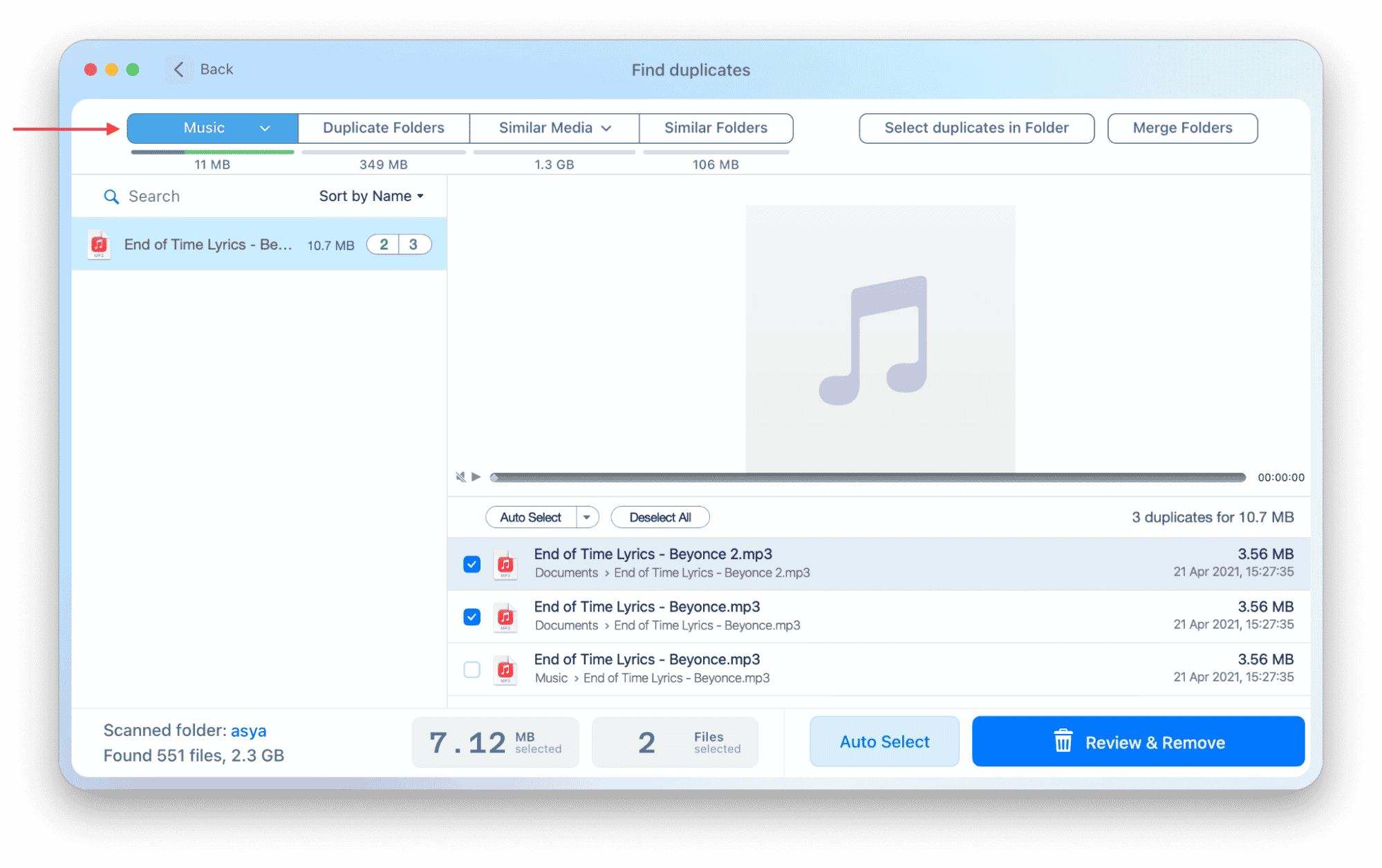 Duplicate file finder window showing duplicate music files