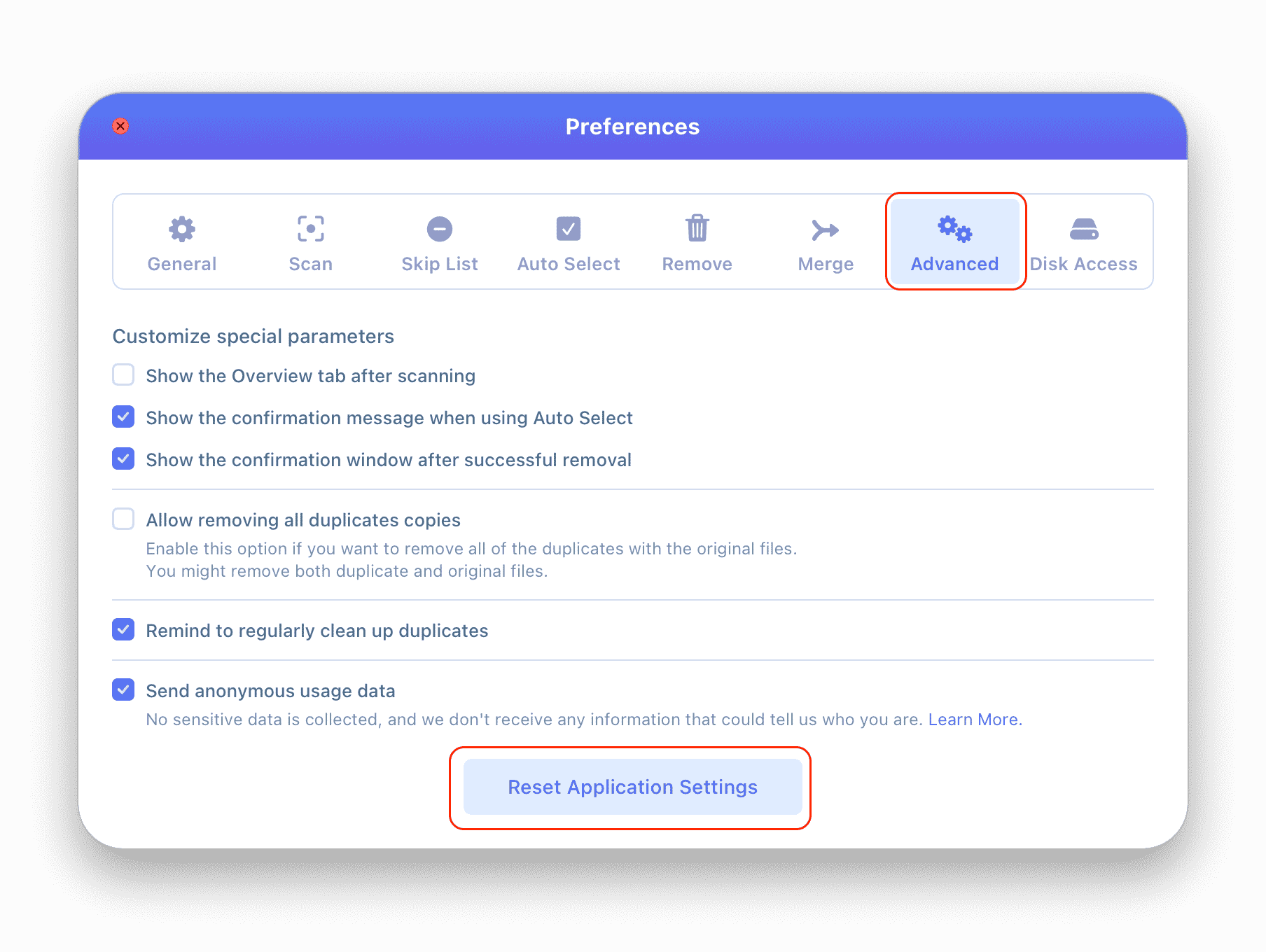 resetting Duplicate File Finder