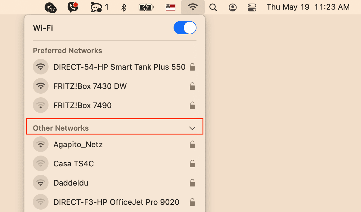 mac menu bar showing wifi networks list