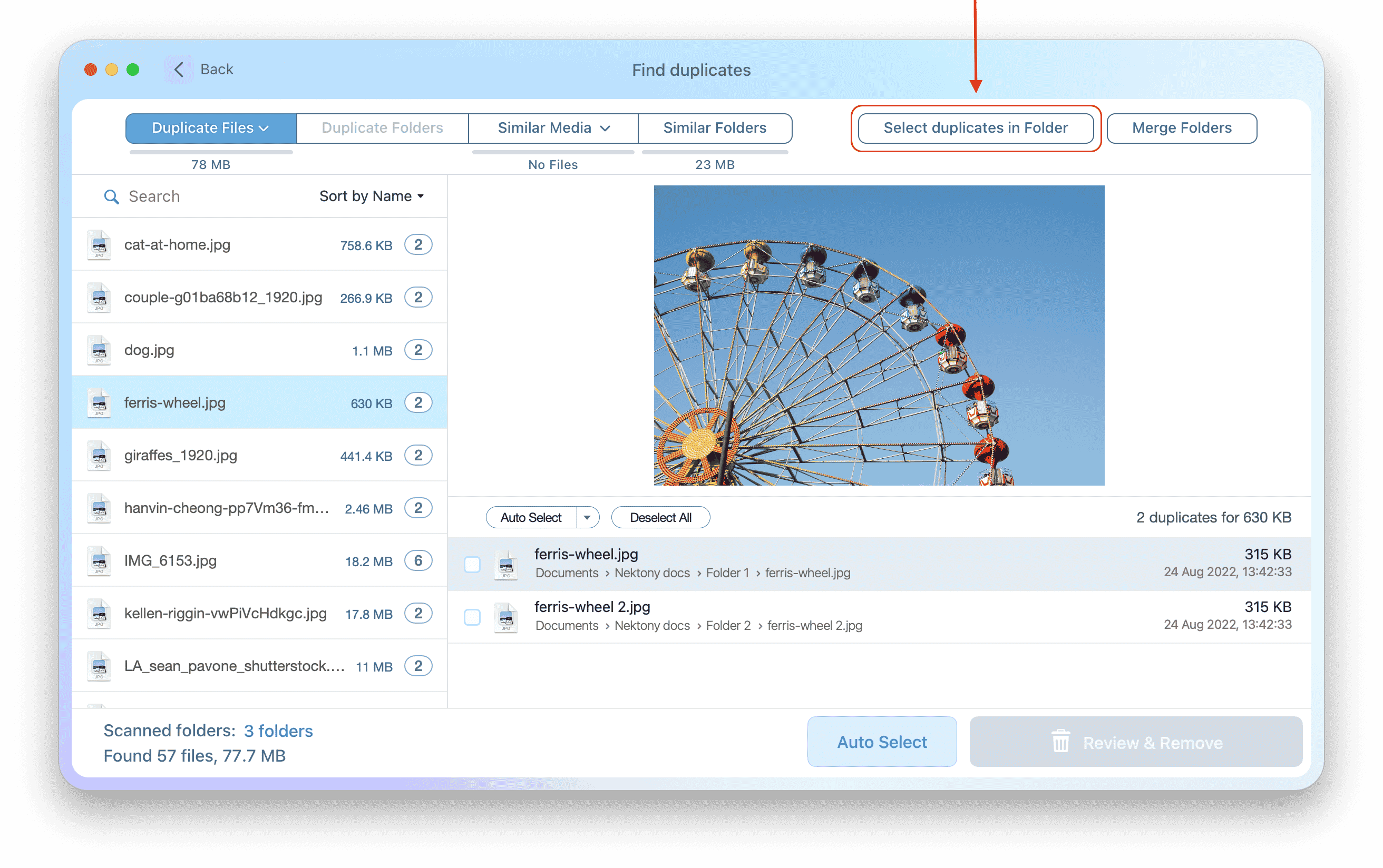 Duplicate File Finder with the Select duplicates in folder button highlighted