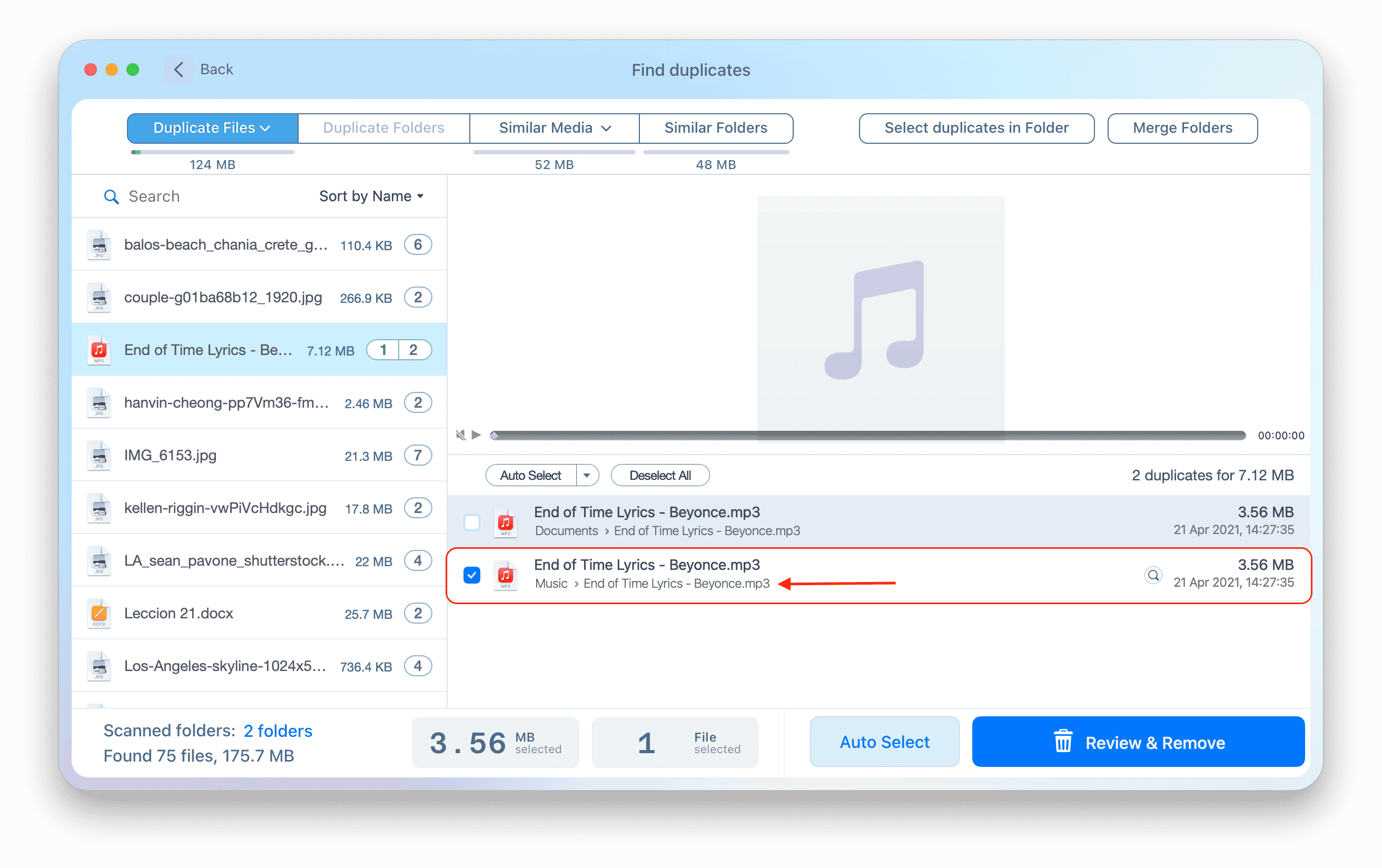 Duplicate File Finder showing duplicates selected in the Music folder