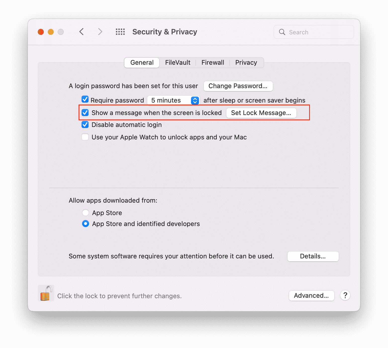system preferences showing how to add text to lock screen