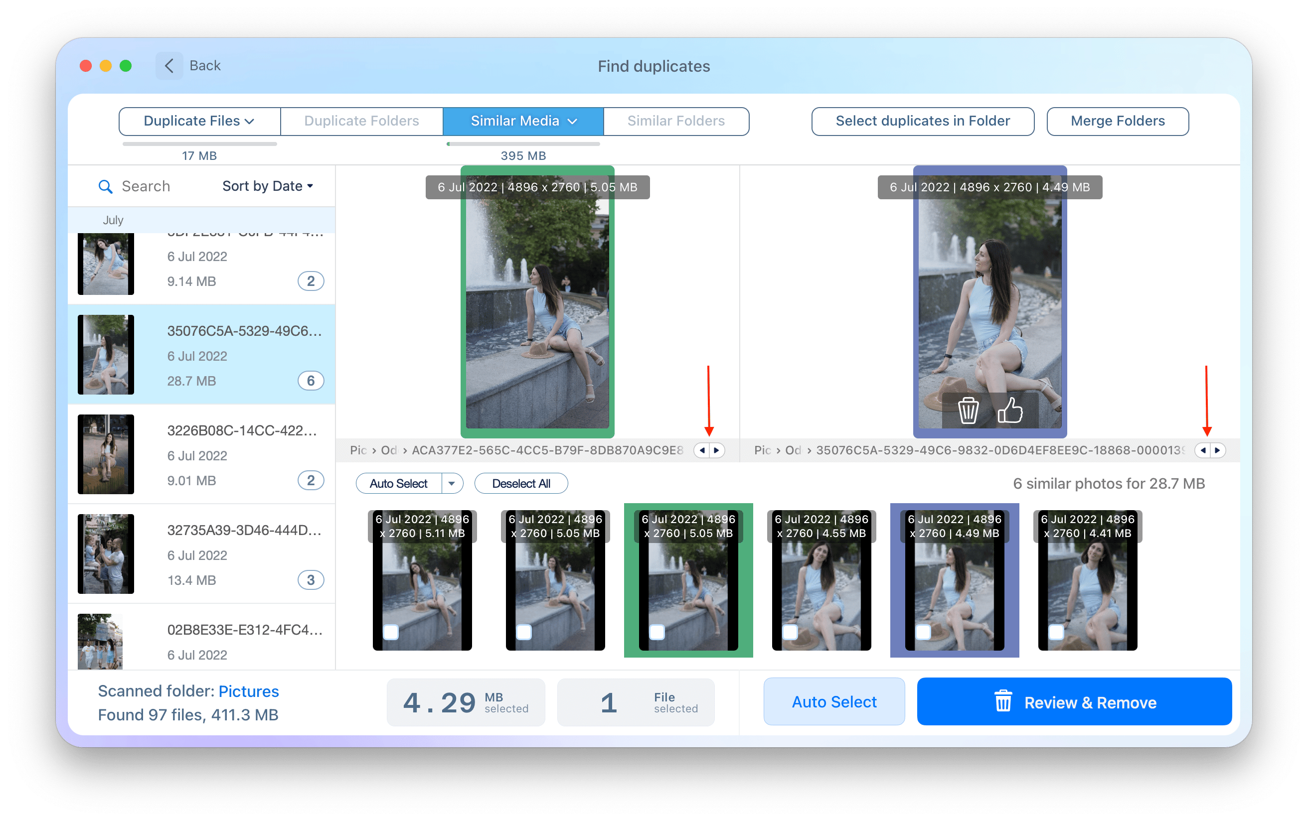 Similar photos in Duplicate File Finder window