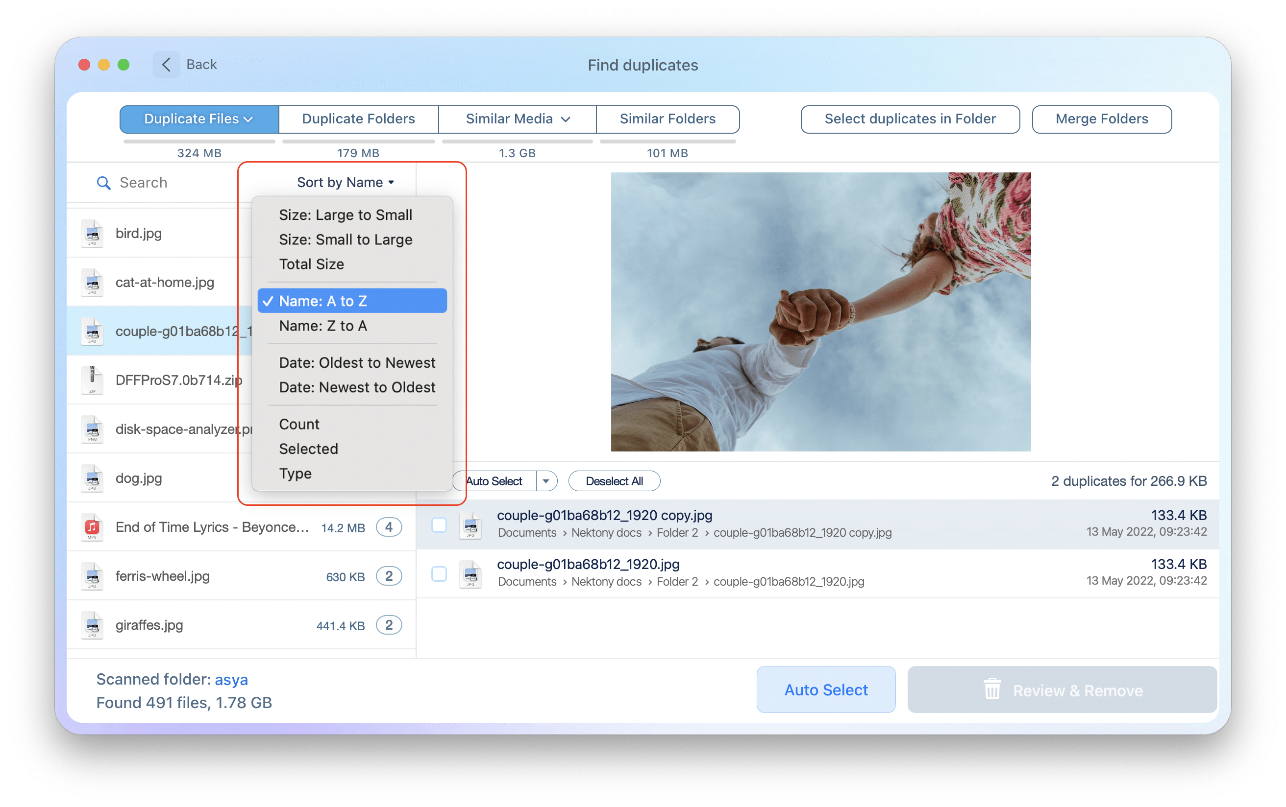 duplicate file finder showing the filter drop menu